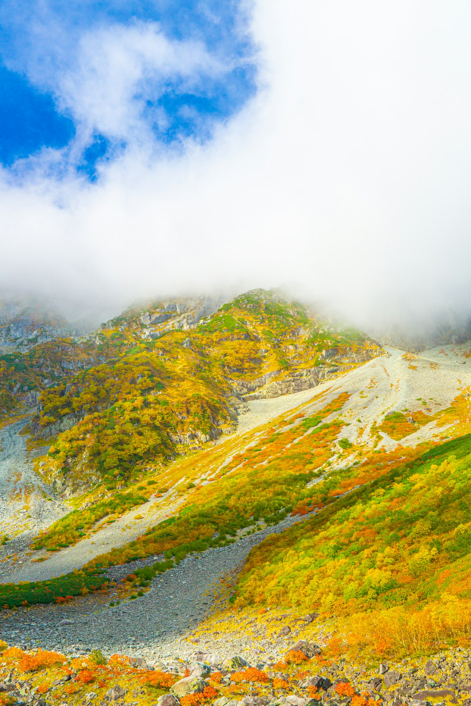 Paisaje montañoso otoñal vibrante con nubes
