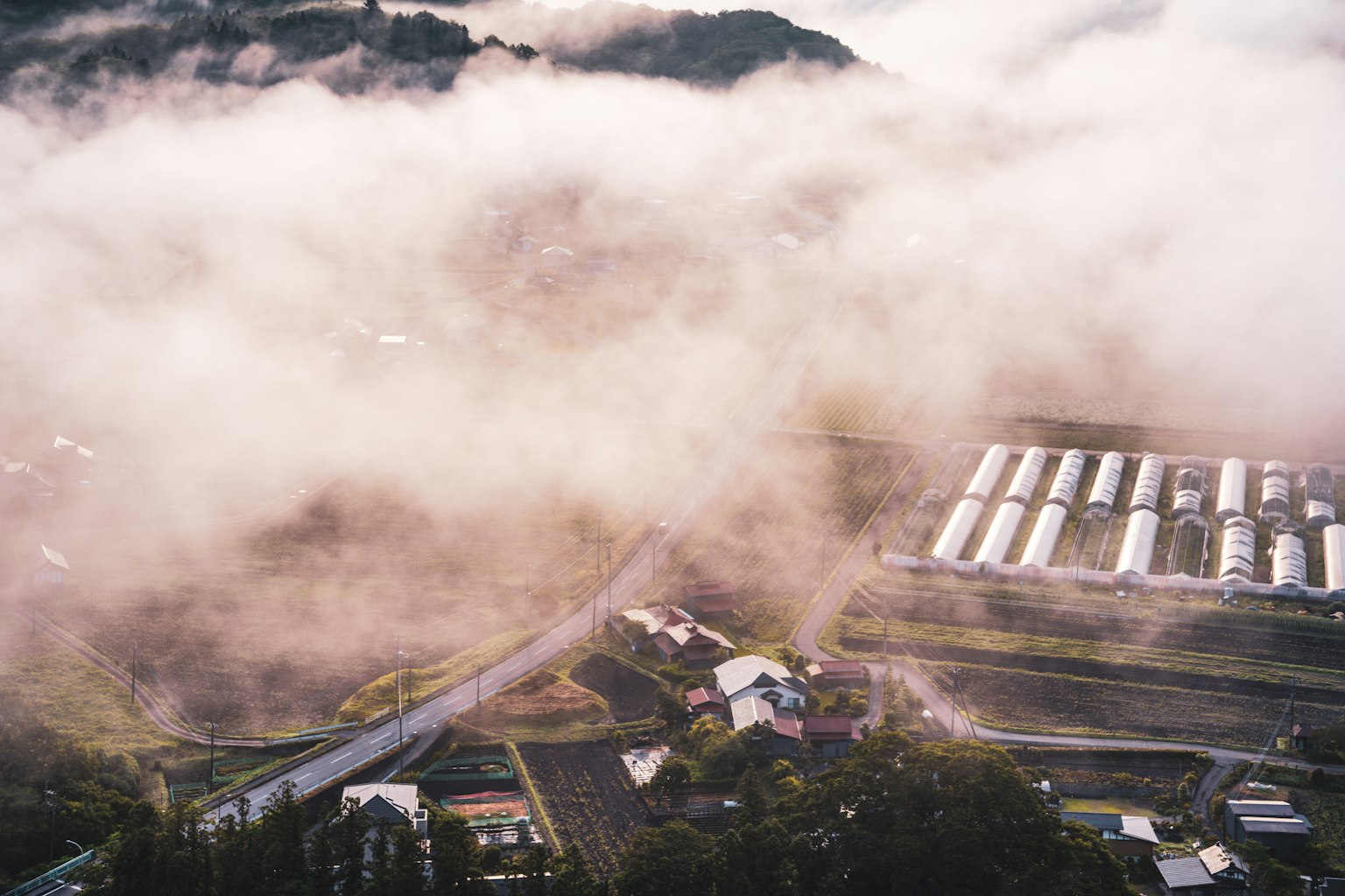 Vista aérea de un paisaje rural cubierto de niebla con granjas y caminos sinuosos