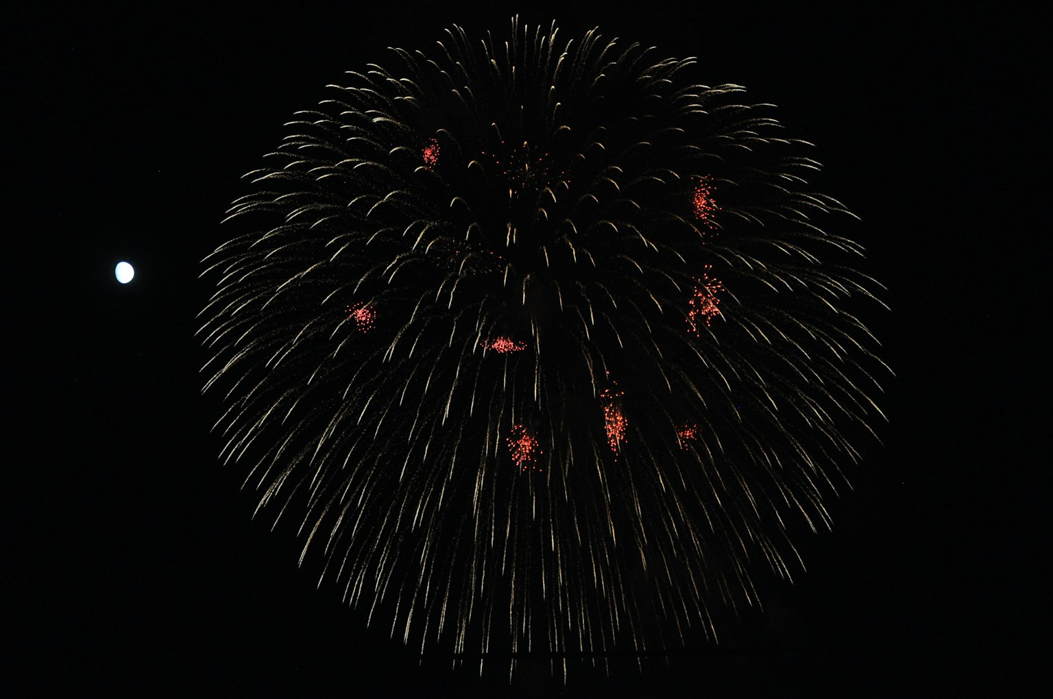 Un grand feu d'artifice dans le ciel nocturne avec une petite lune