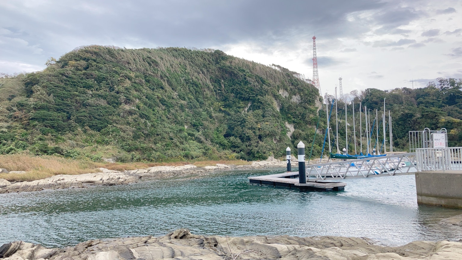 Pemandangan indah marina dengan perahu dan bukit hijau