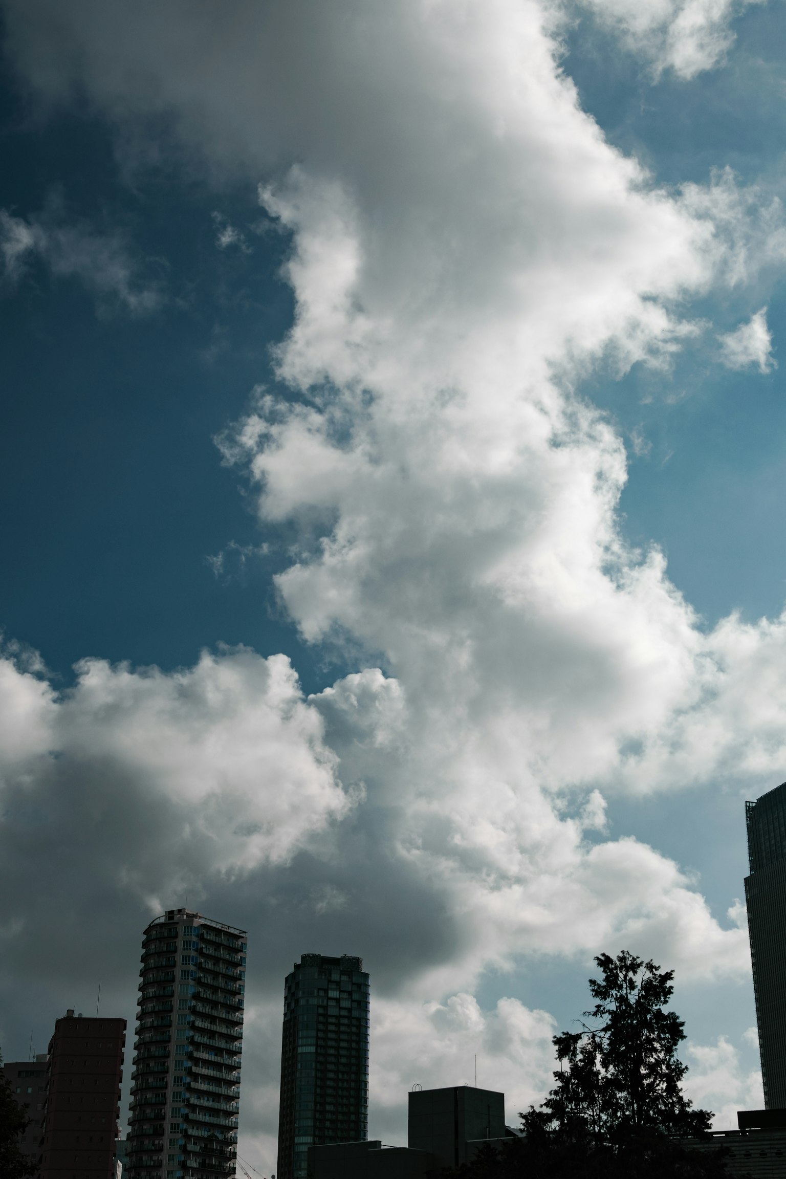 Silueta de rascacielos contra un cielo azul y nubes esponjosas