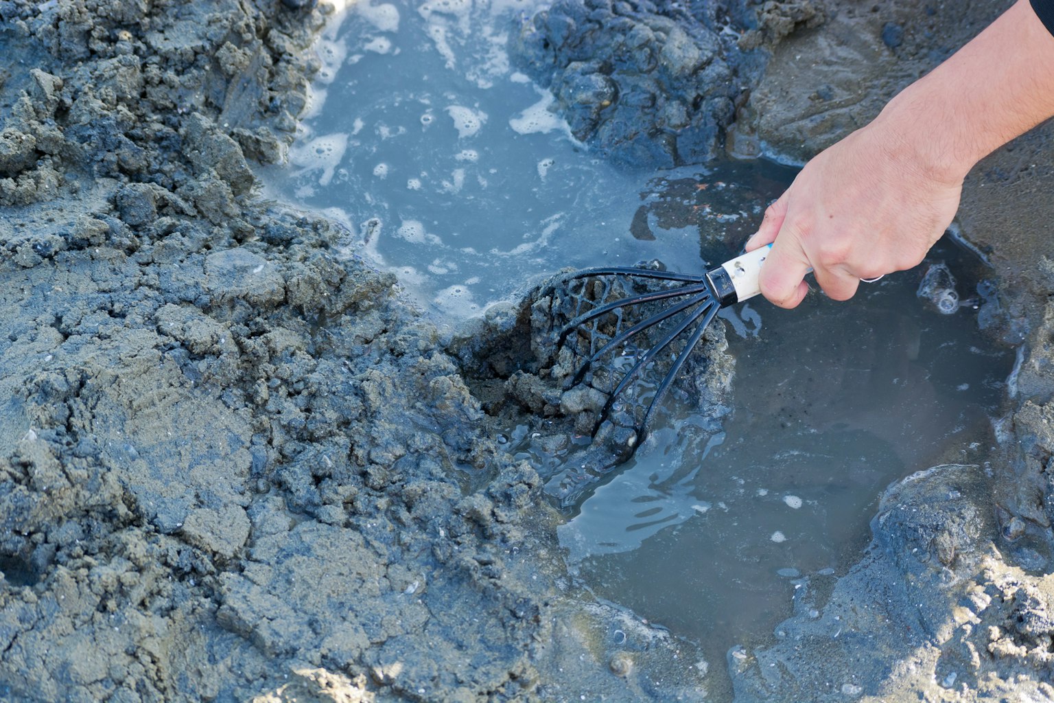 Una mano cavando en agua lodosa