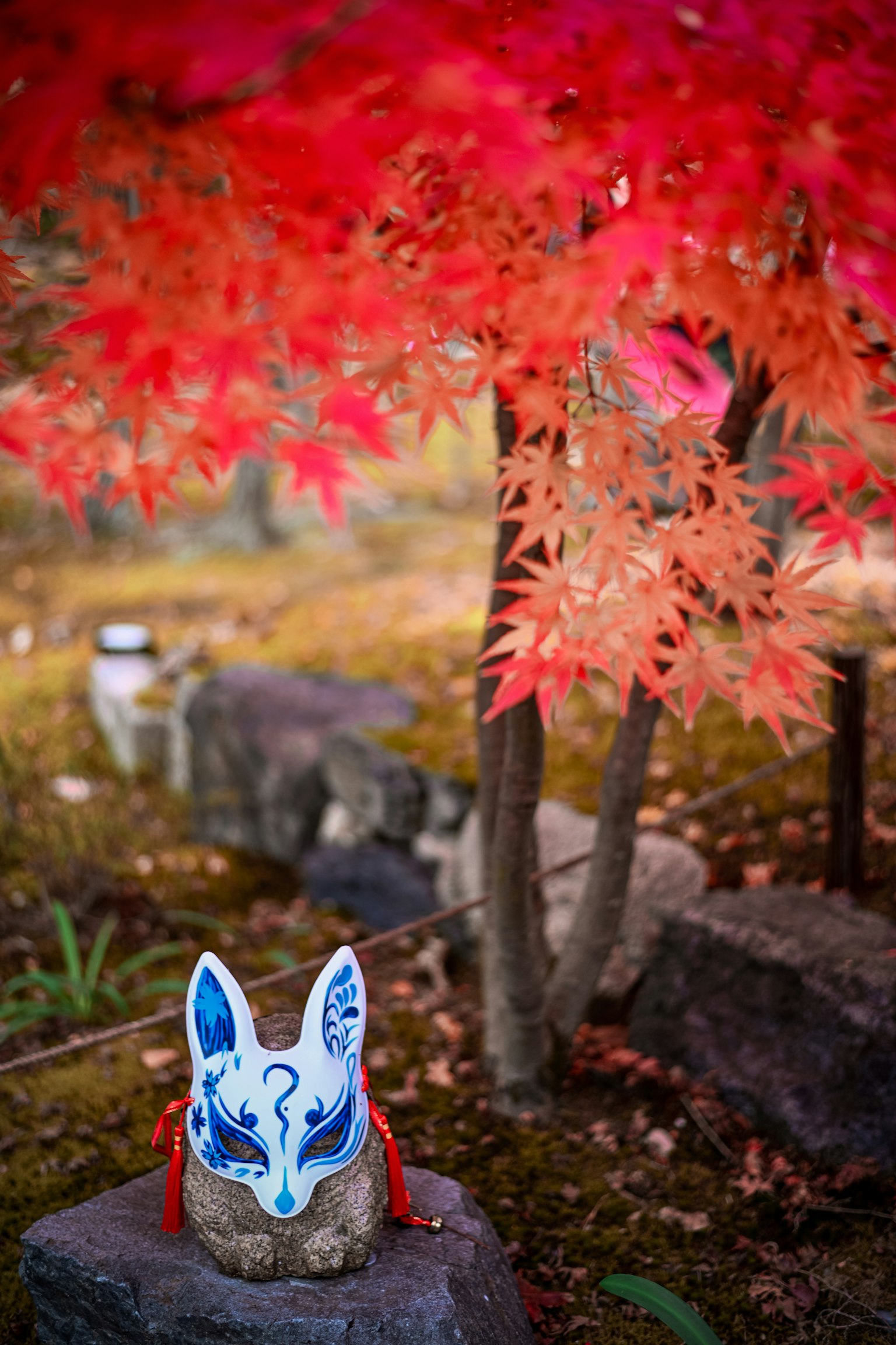 赤い紅葉の下に置かれた青い狐のマスク