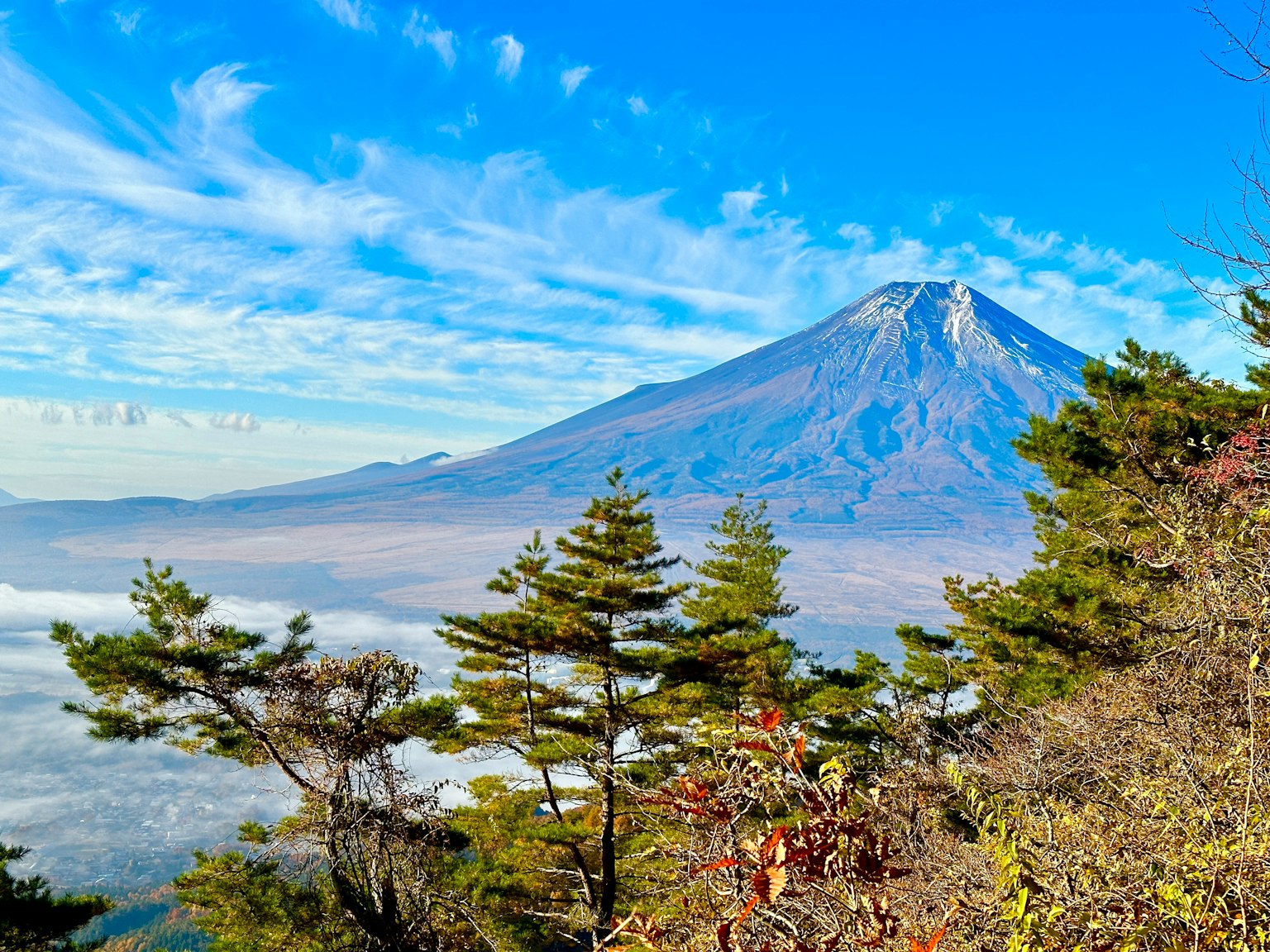 Malersicher Blick auf den Fuji unter einem blauen Himmel mit grünen Bäumen