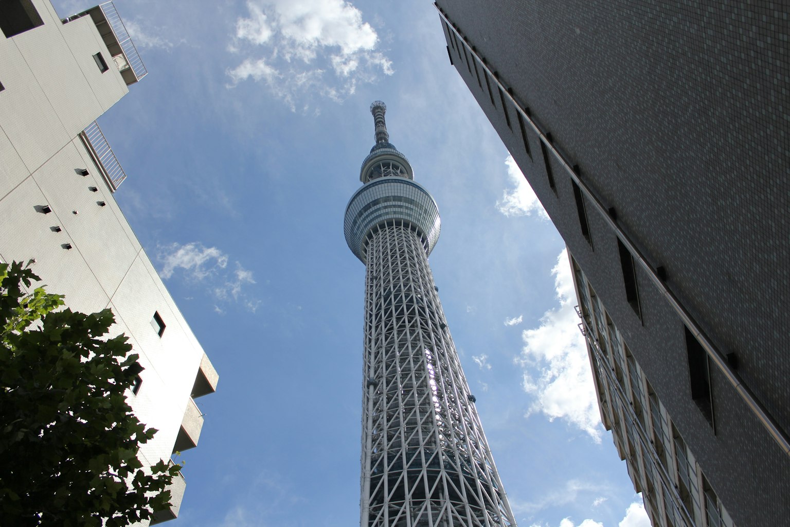 Vista della Tokyo Skytree dal basso con cielo blu sullo sfondo