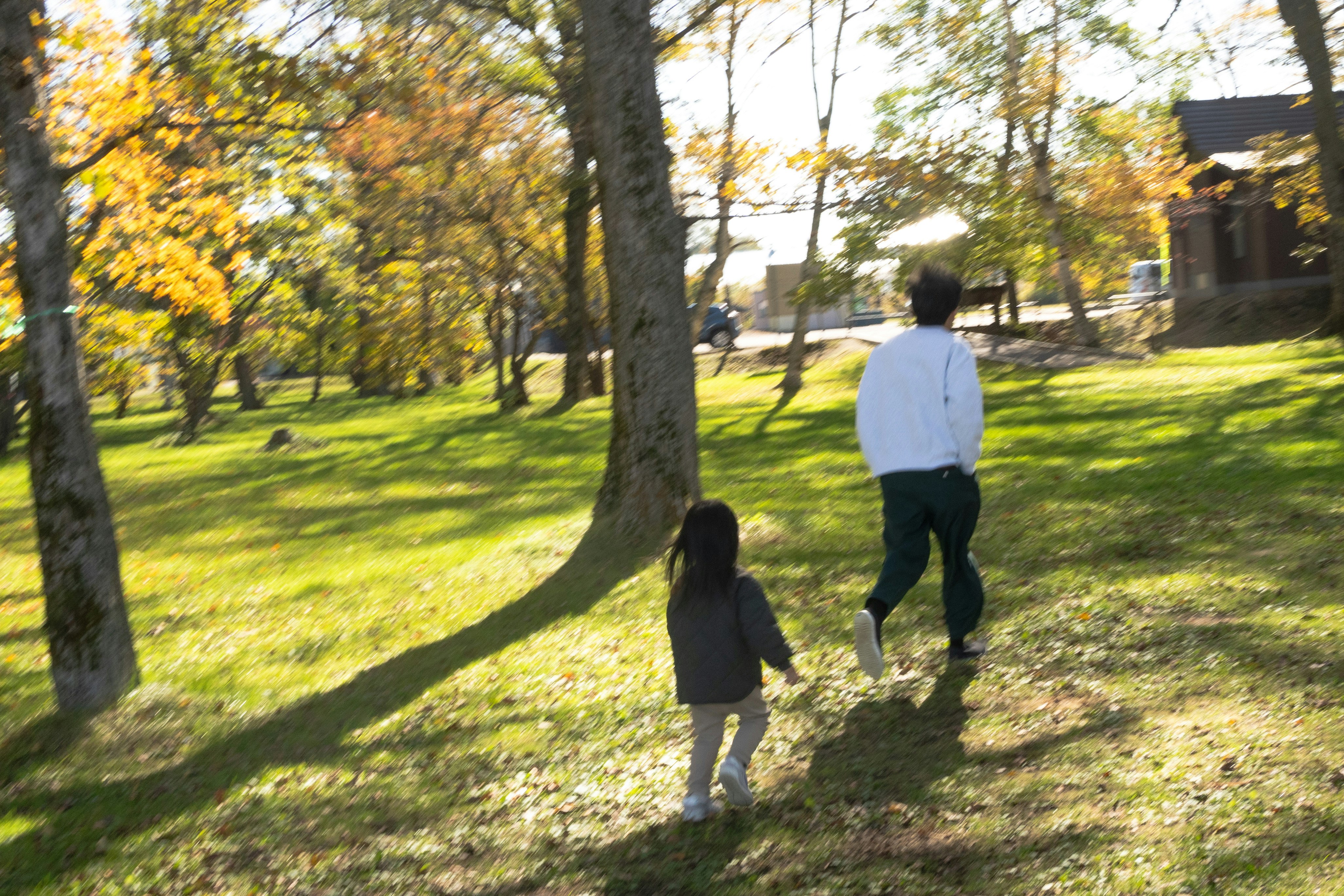 Vue de dos d’un parent et d’un enfant qui courent dans un parc
