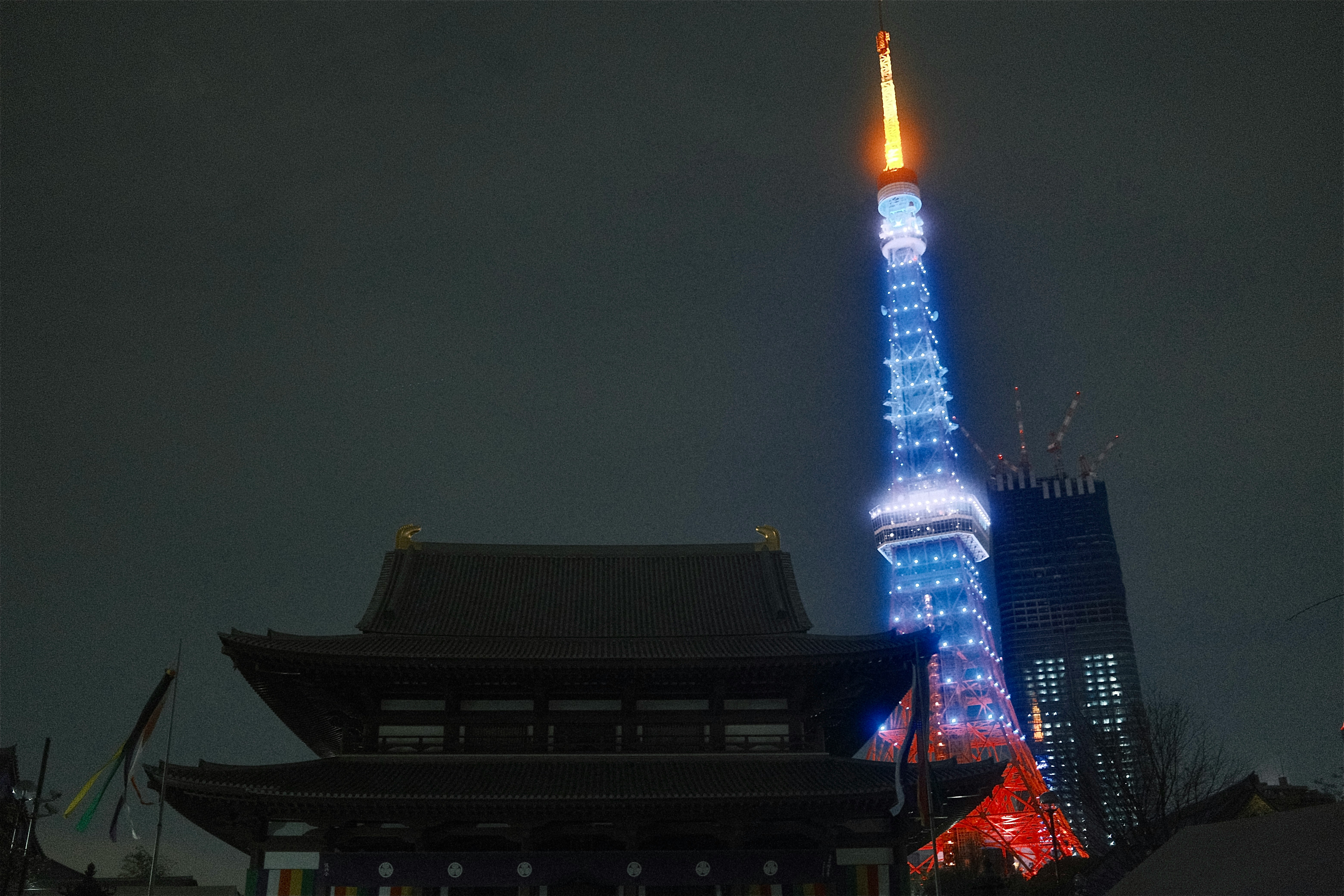 paisaje urbano nocturno con la Torre de Tokio y la Skytree