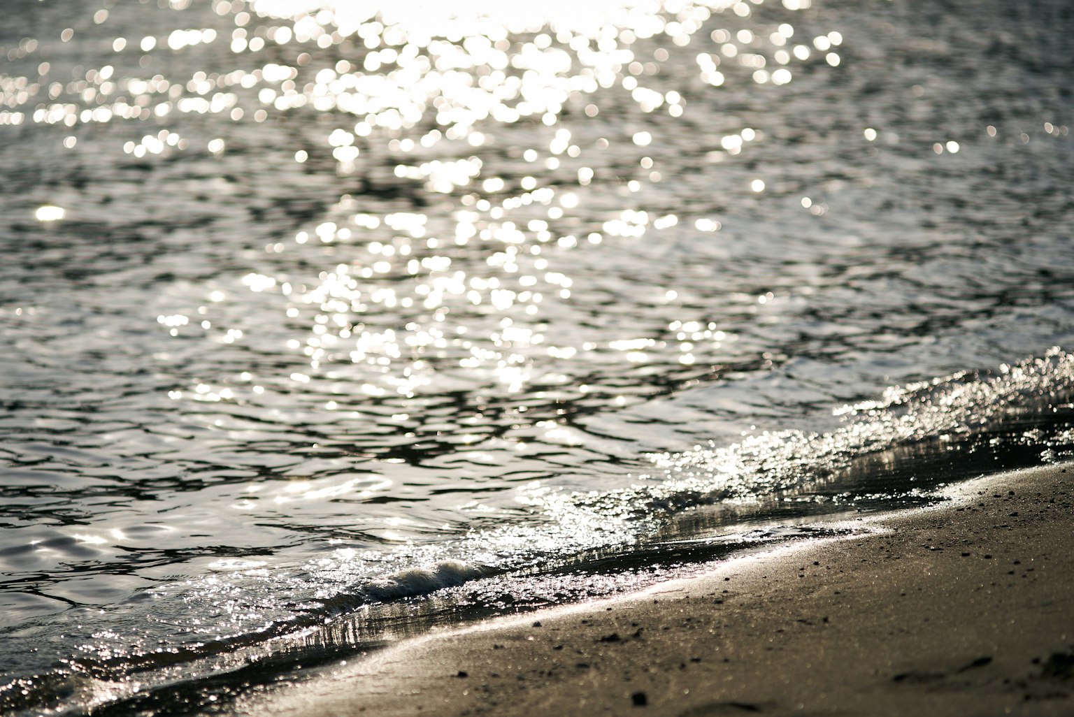 海浪輕輕拍打沙灘，陽光在水面上反射