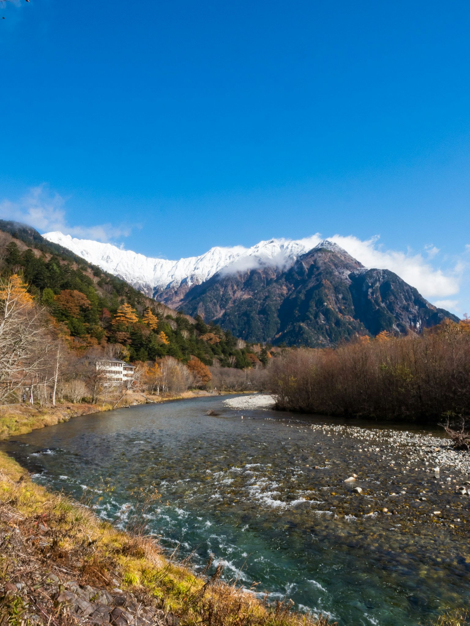 Malersicher Blick auf Berge und einen fließenden Fluss Klarer blauer Himmel und schneebedeckte Gipfel Bunte Bäume am Ufer