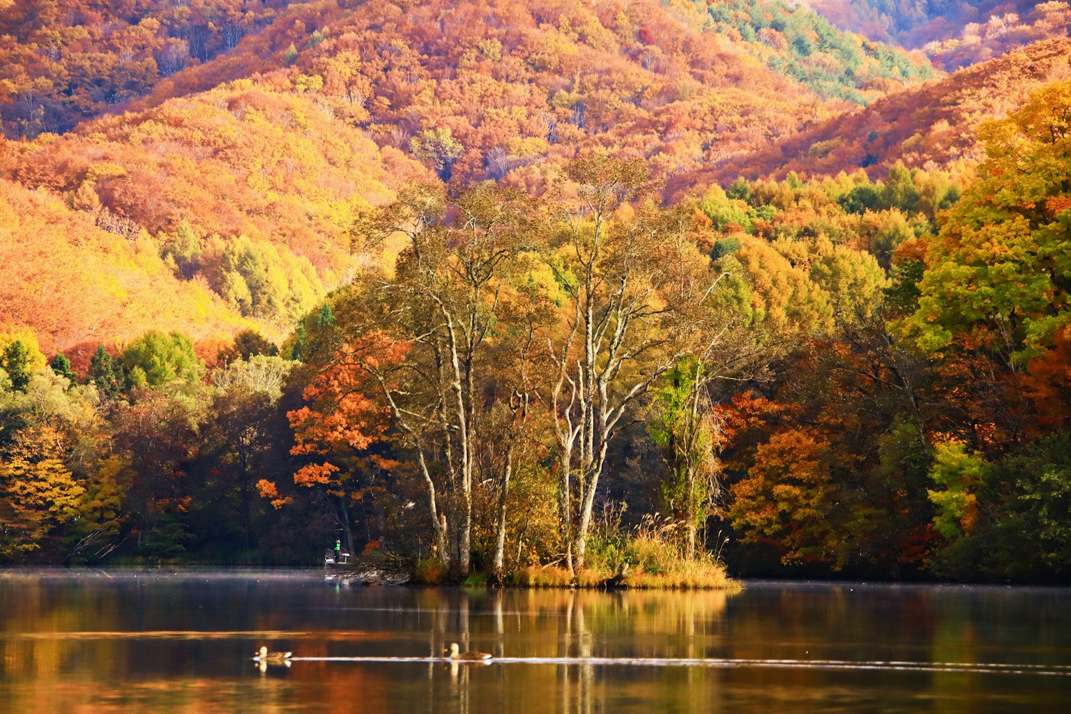 Paisaje otoñal vibrante con montañas y un lago sereno