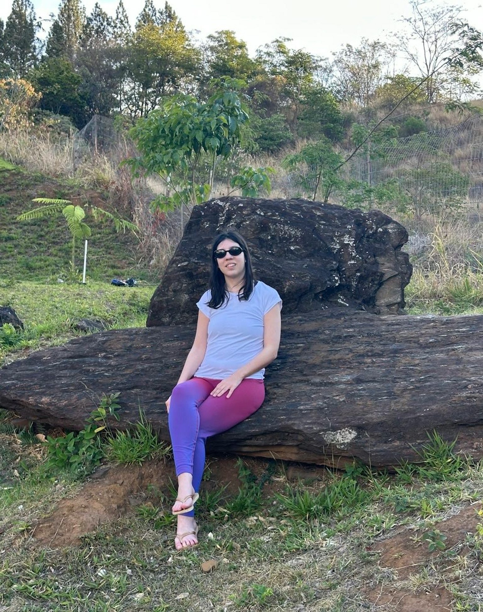 女性が大きな岩の上に座っている風景 緑の草と木々が背景にある