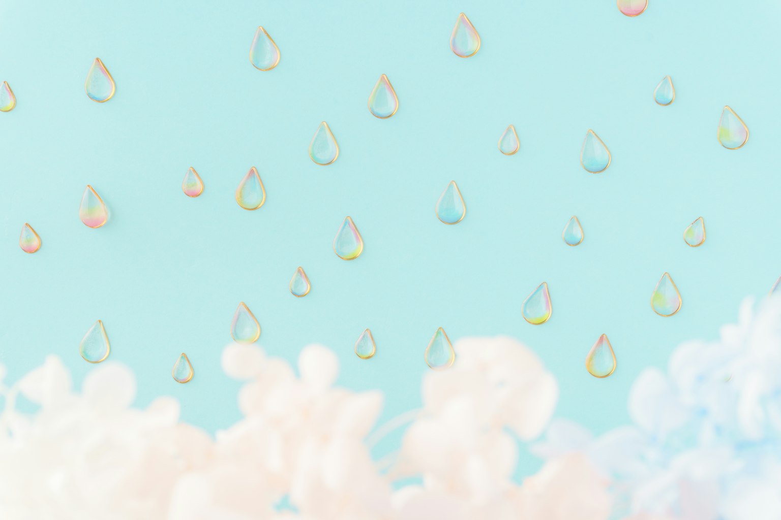 Illustration of falling raindrops against a blue background with soft clouds