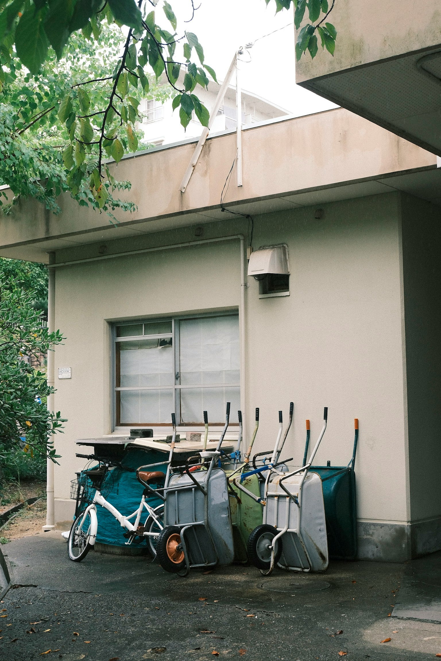 古い建物の裏に並ぶ自転車とカートの集まり