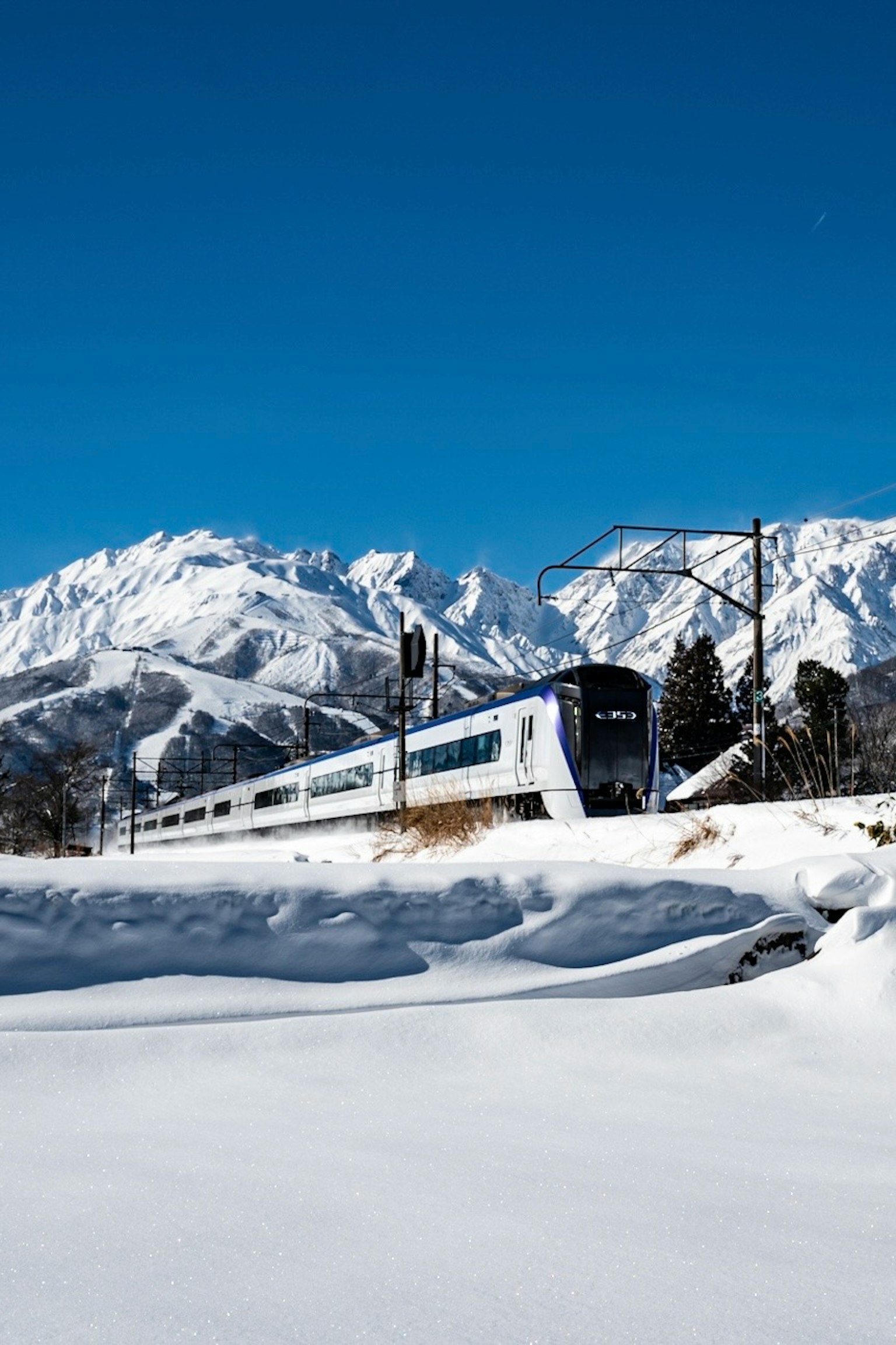 Treno che corre attraverso un paesaggio innevato con montagne sullo sfondo