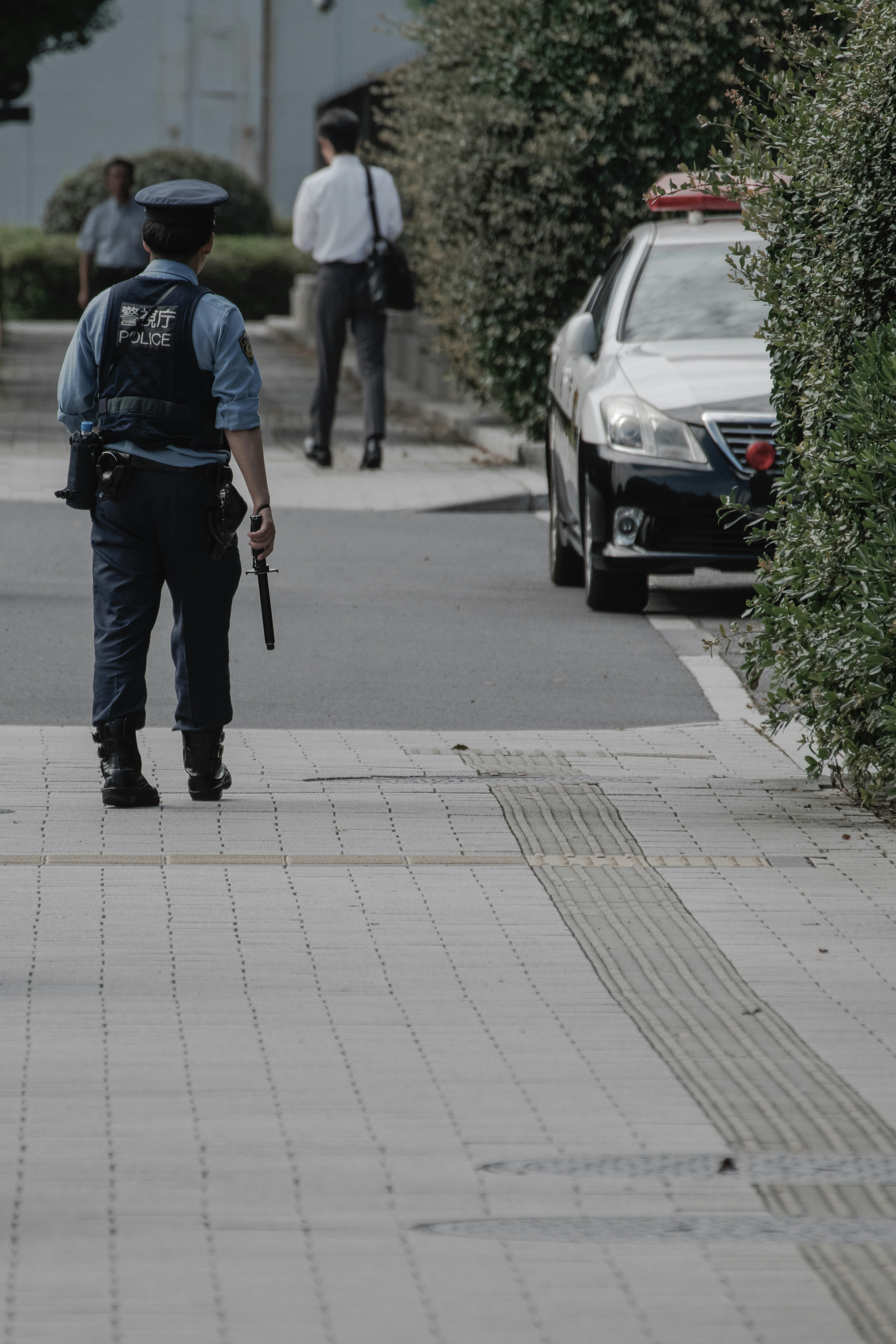 Escena urbana frente al Edificio de la Dieta Nacional con agentes de seguridad y coches