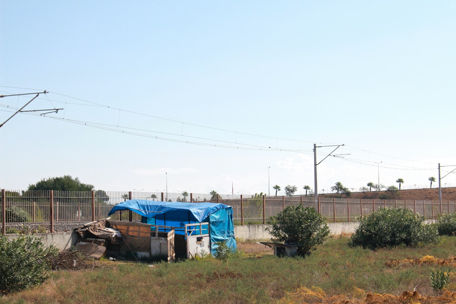 A makeshift shelter covered with a blue tarp surrounded by grass and train tracks