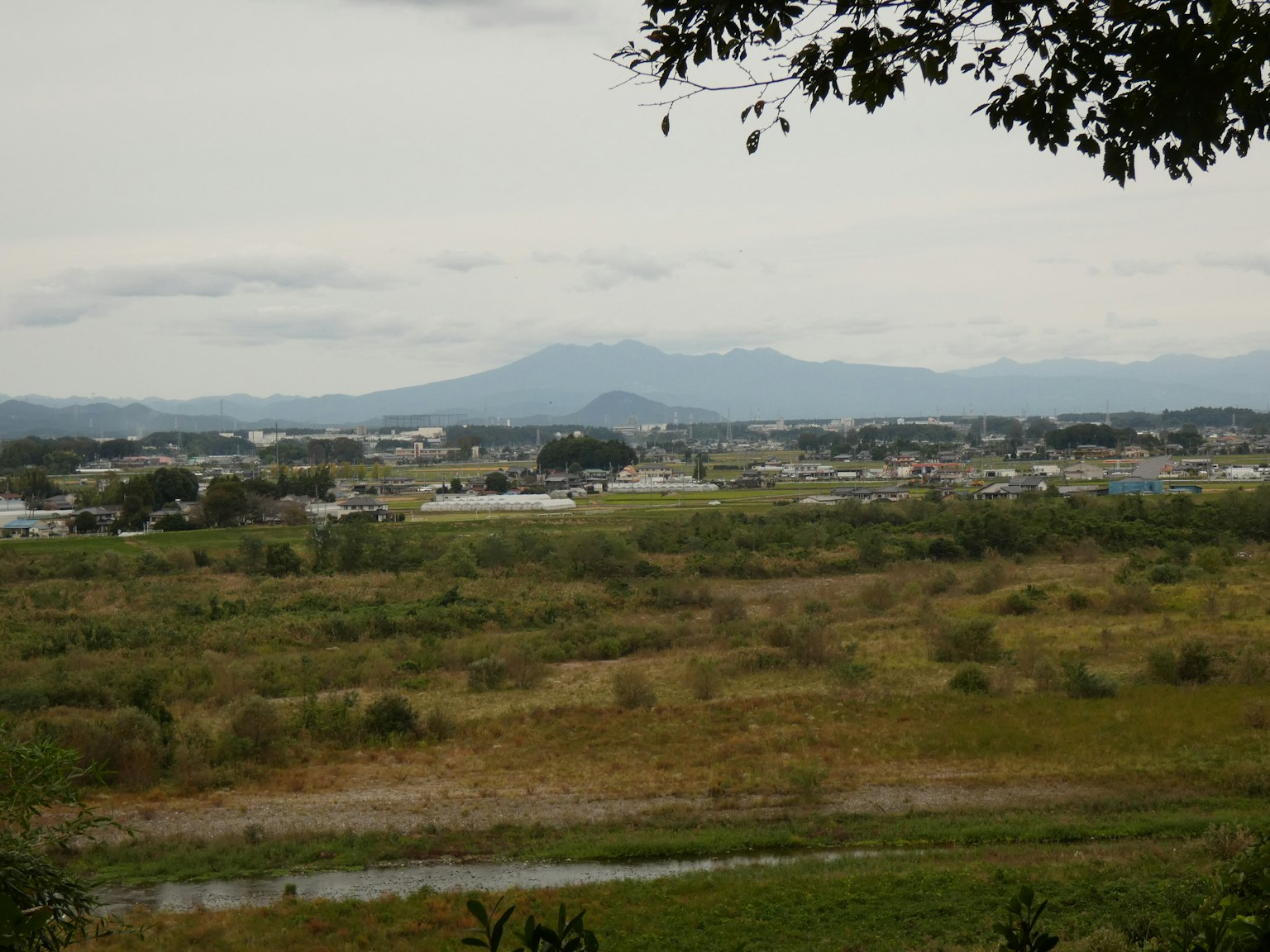 Weite Graslandschaft und Flusslandschaft mit Bergen im Hintergrund