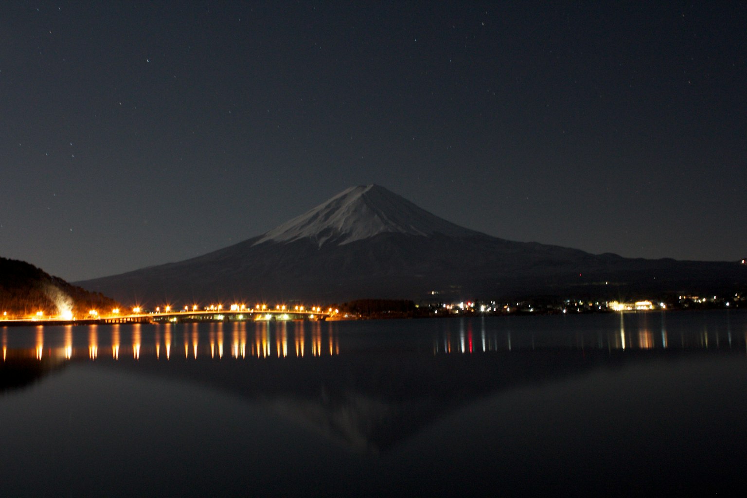 Gunung Fuji di malam hari dengan pantulan indah di danau