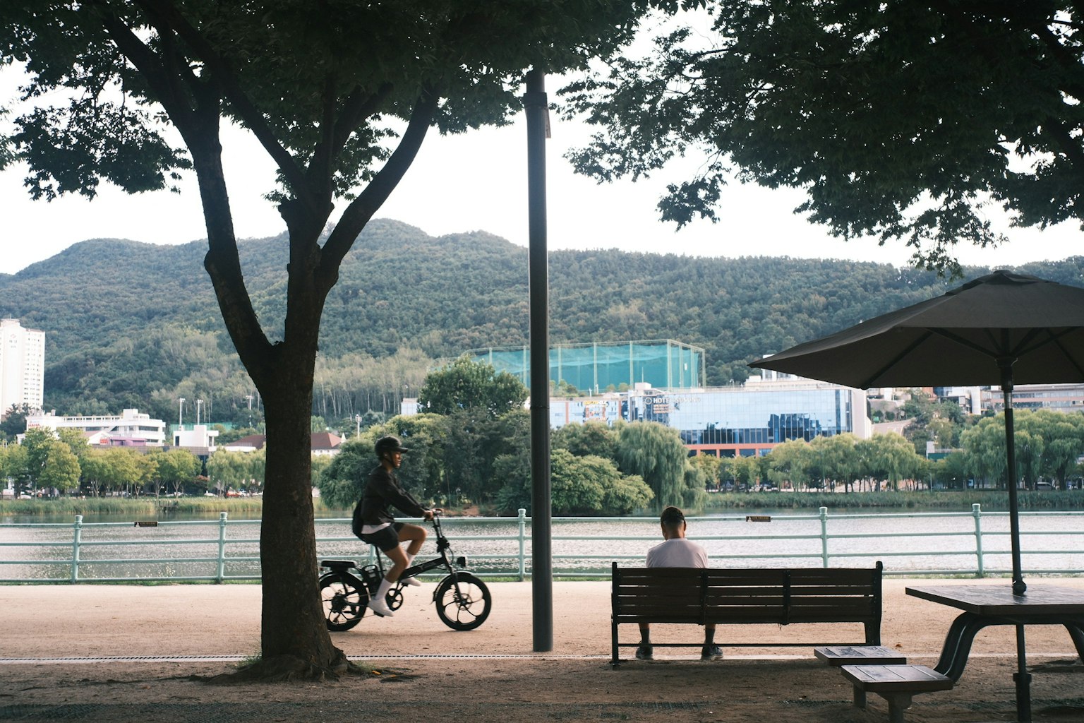 川沿いの公園で自転車に乗る男性とベンチに座る人がいる風景