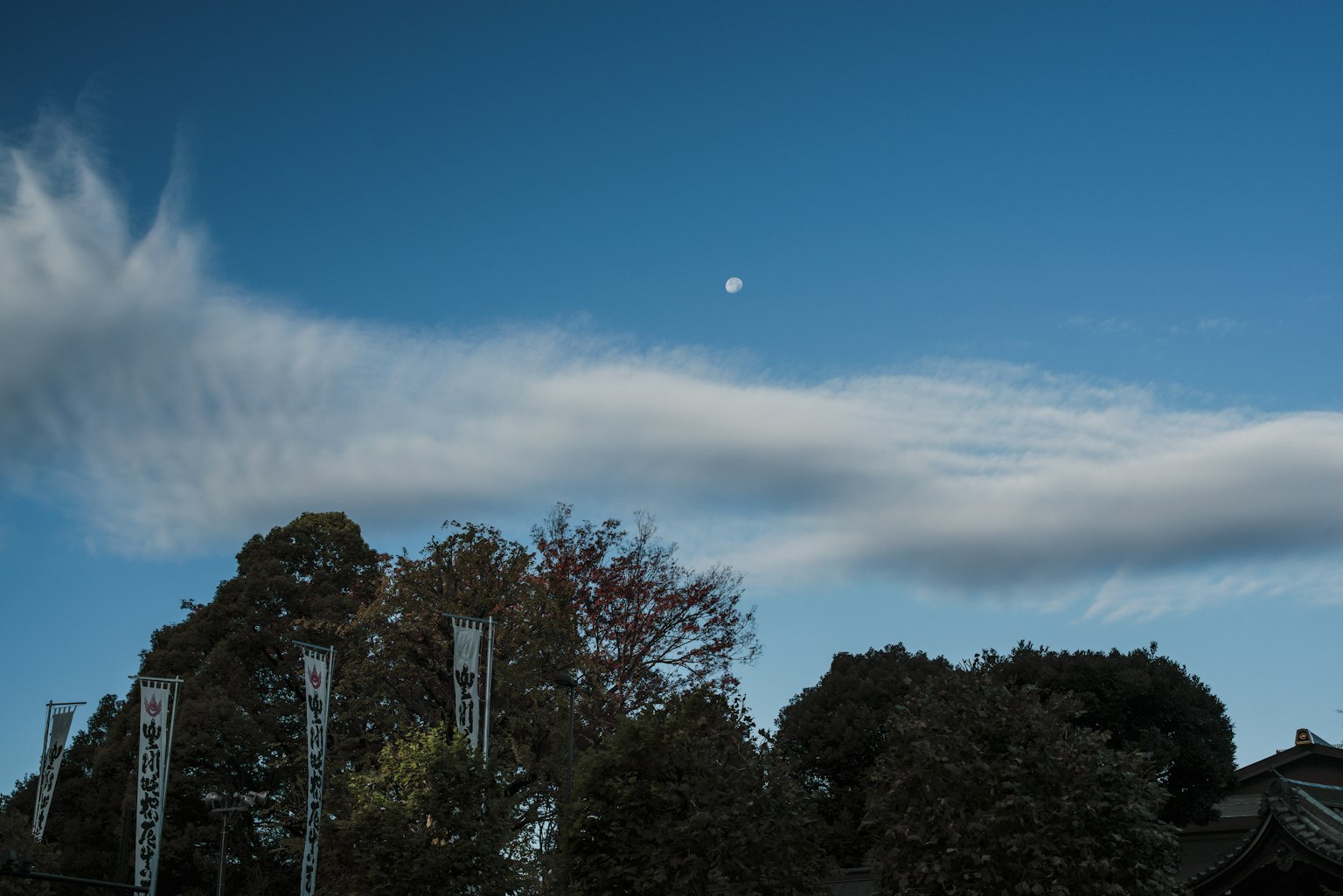 A scenic view of the moon in a blue sky with flowing clouds