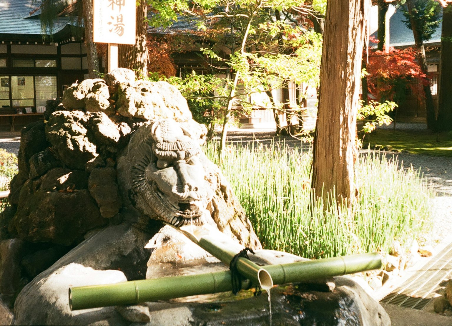 A beautiful garden fountain featuring a stone sculpture and bamboo water flow