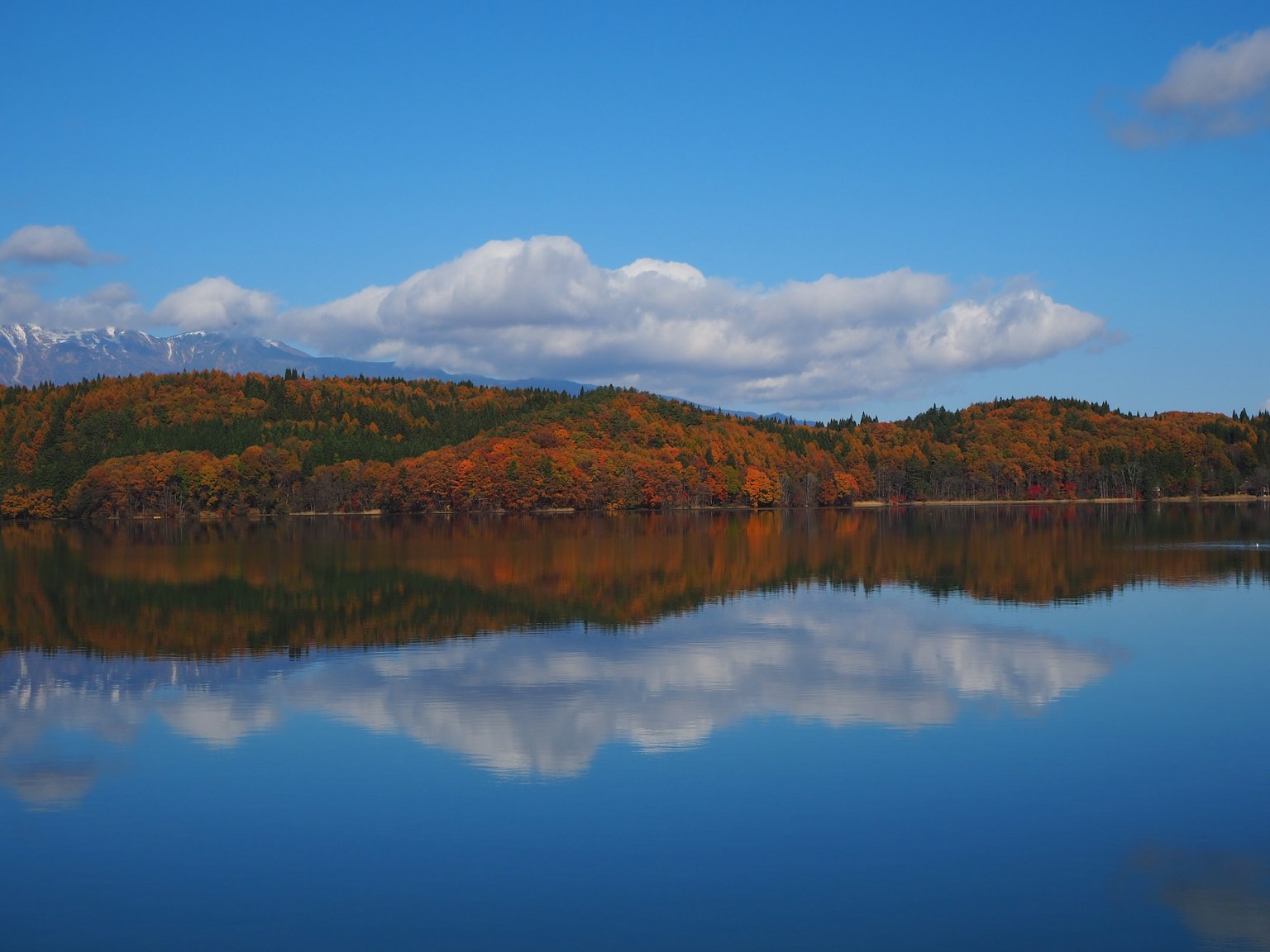 Ruhiger See, der den blauen Himmel und das Herbstlaub spiegelt