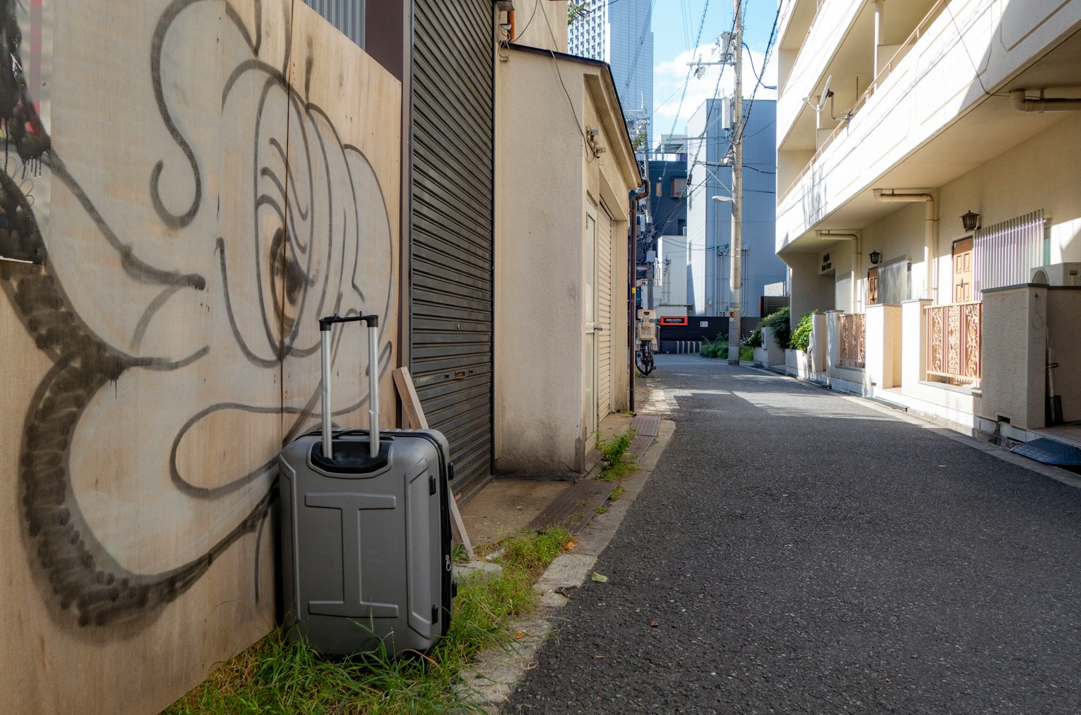 A suitcase placed in a narrow alley next to a wall with flower graffiti