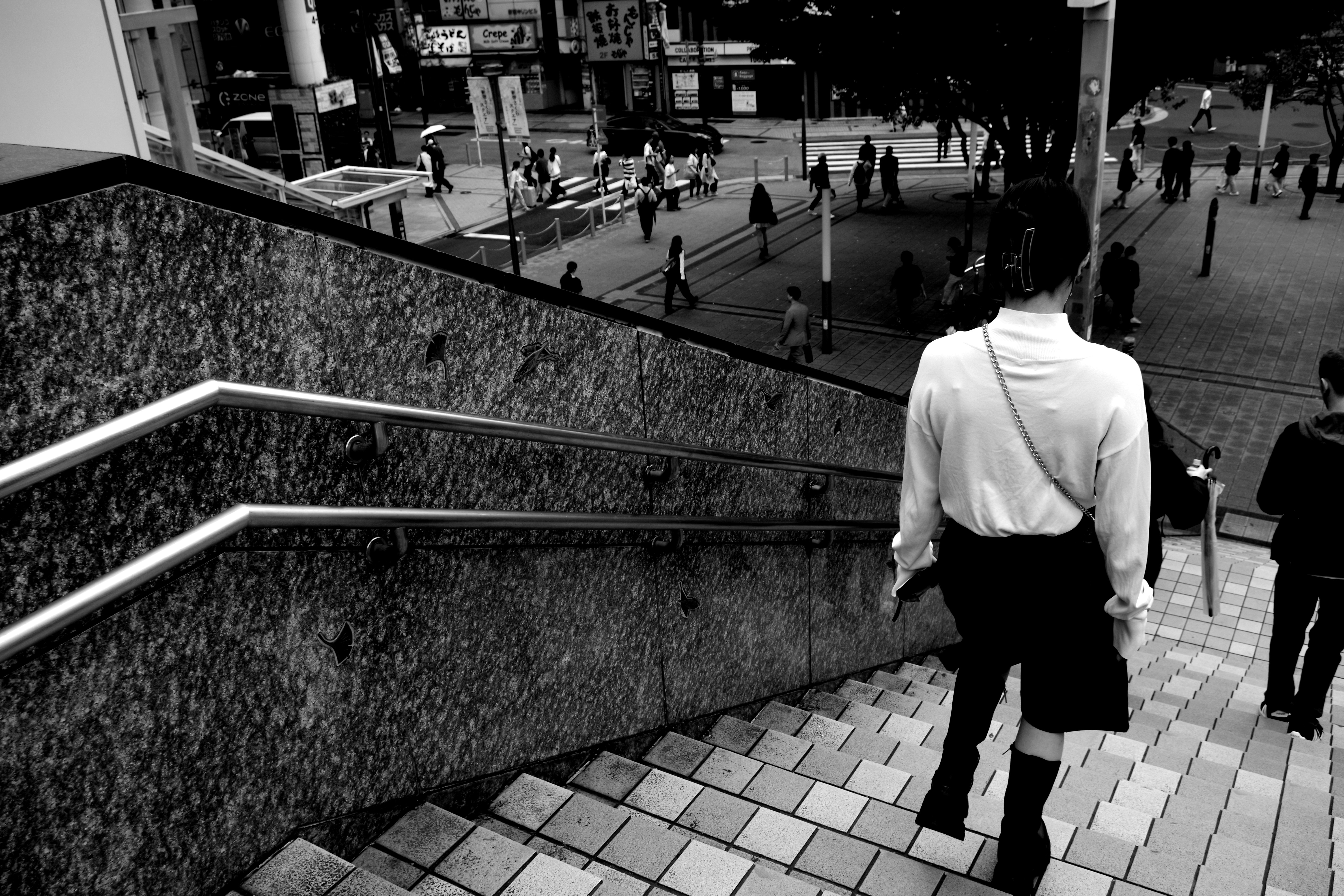 city sidewalk scene with stairs and people walking