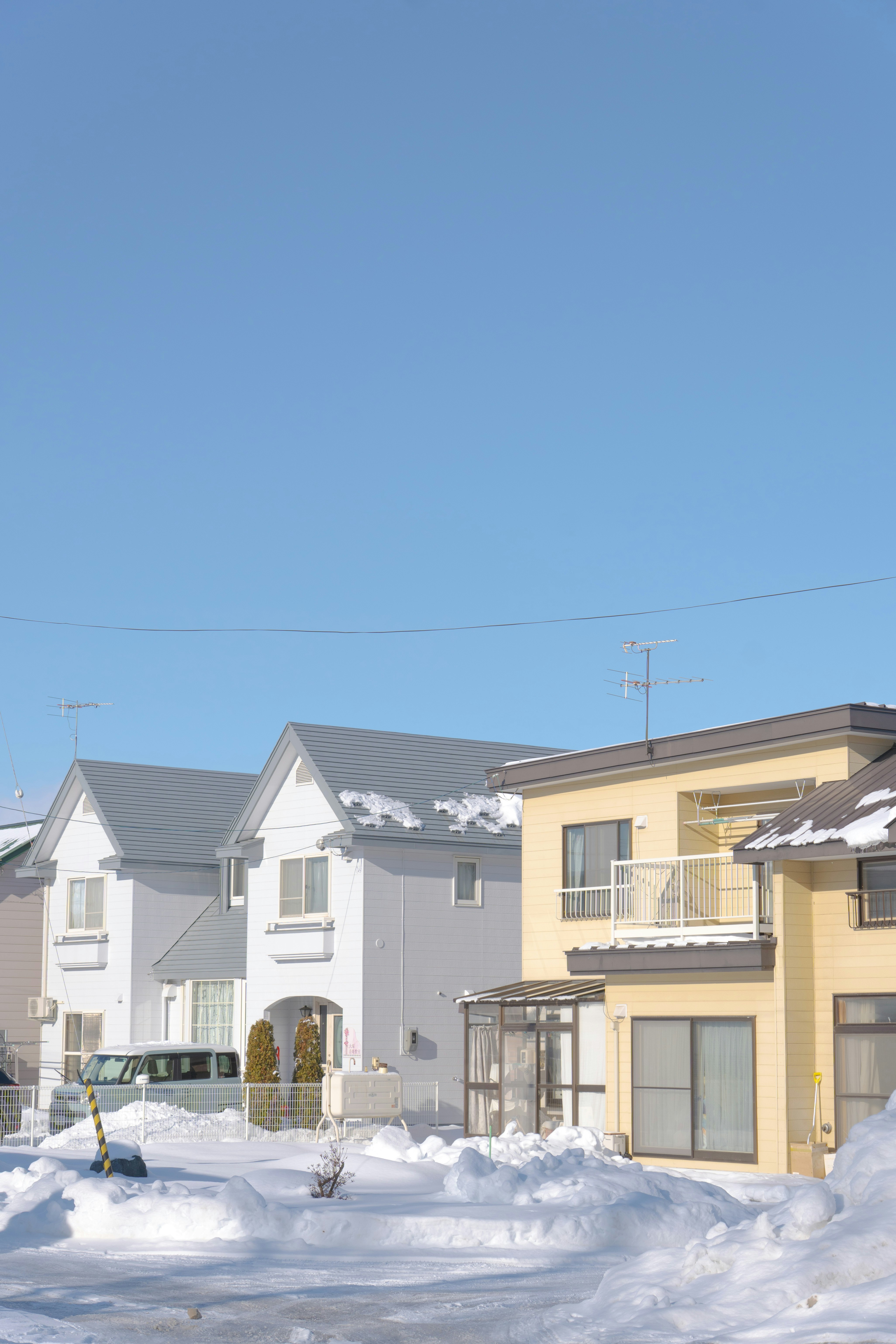 雪に覆われた住宅街の家々と庭先