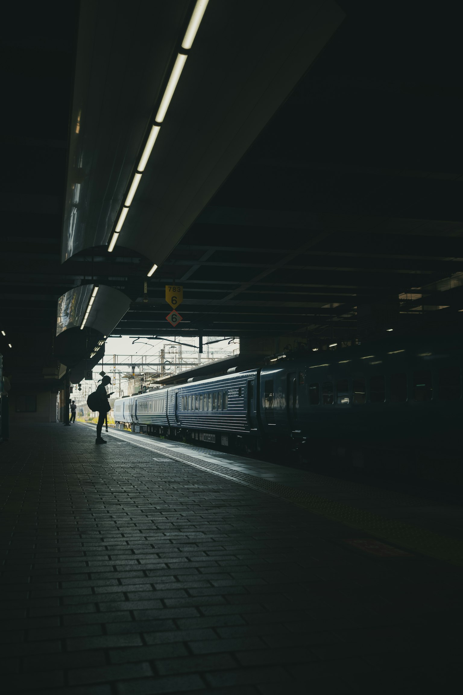 Silhouette of a person standing on a dark train platform with a train in the background