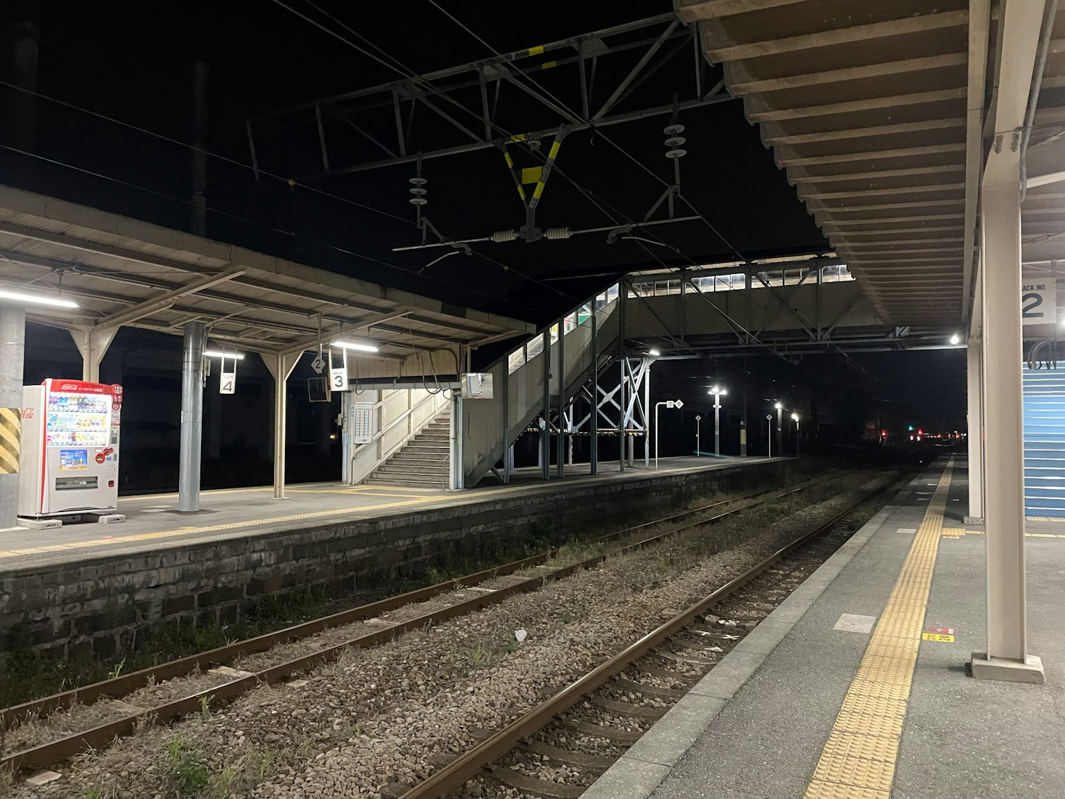 Scena notturna di una piattaforma ferroviaria e dei binari