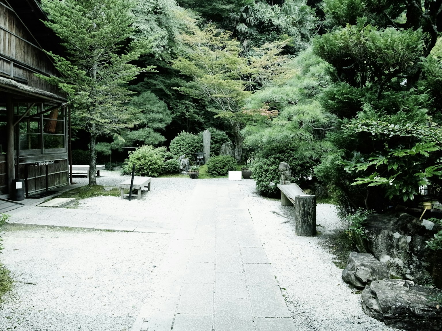 Serene garden pathway with lush greenery and stone features