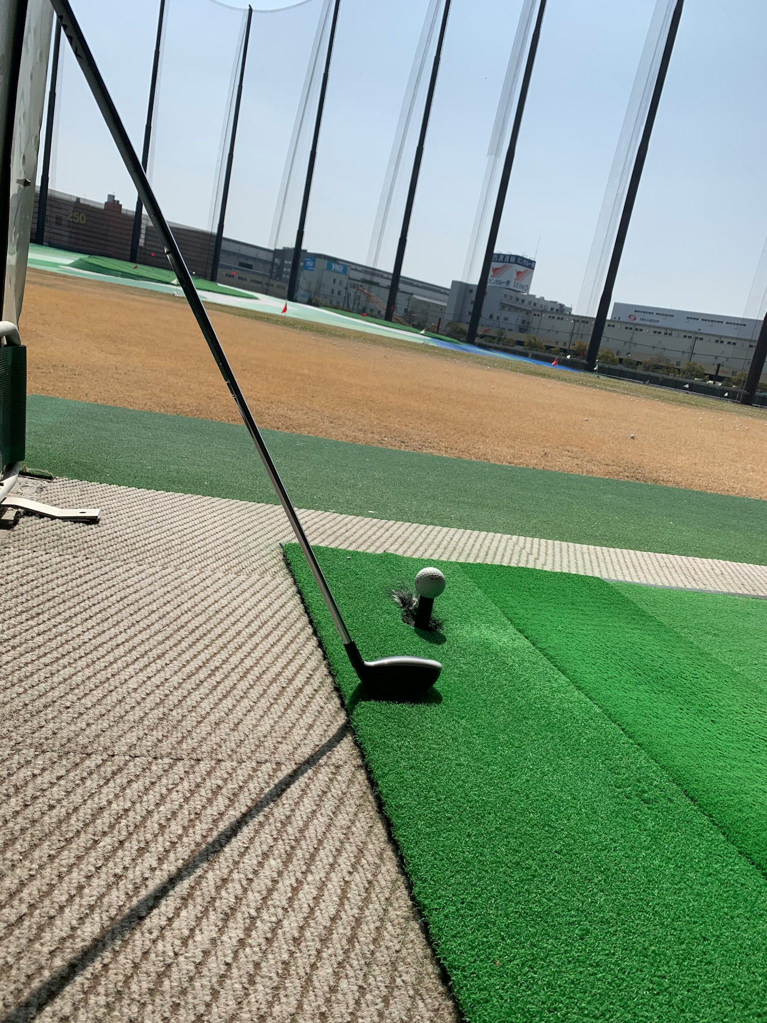 Vista di un campo di pratica golf con un bastone e una palla