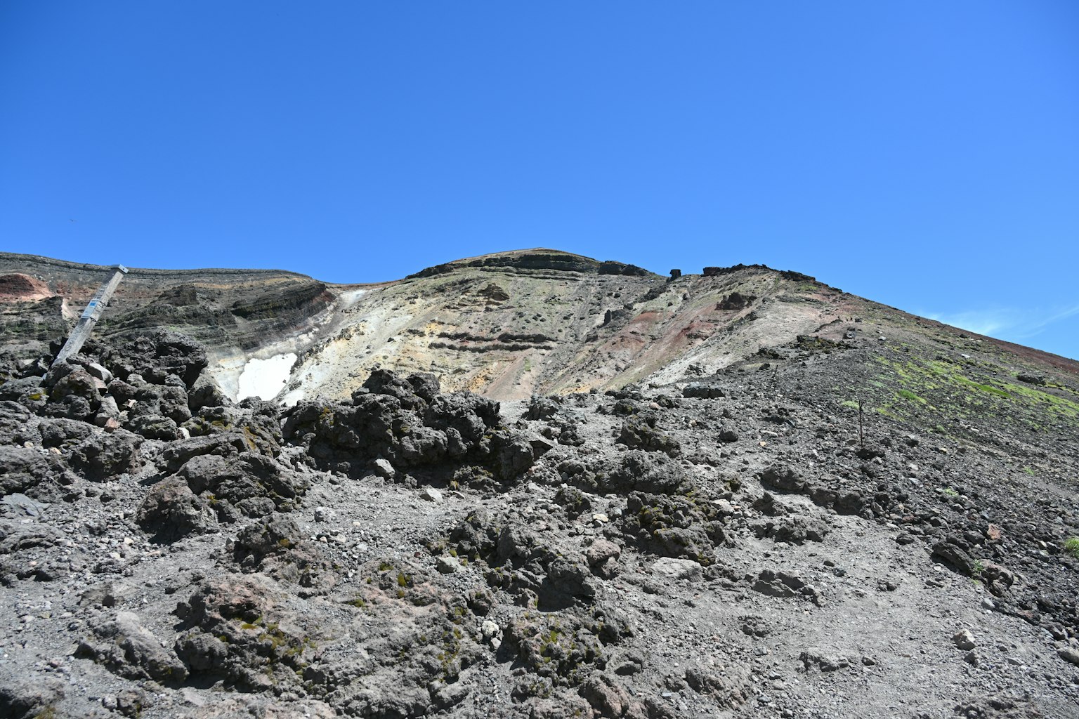 Raues vulkanisches Landschaftsbild unter klarem blauen Himmel