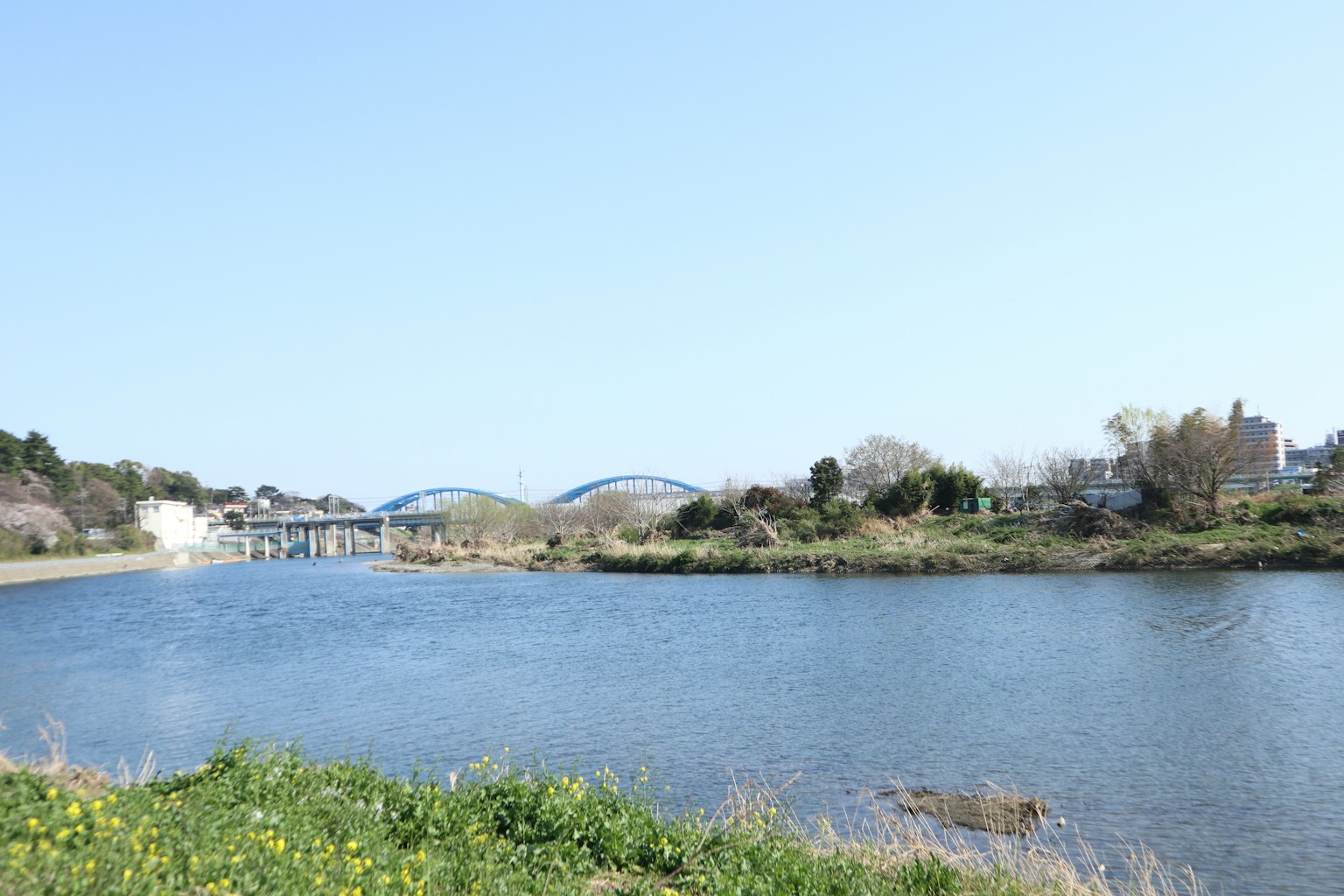 Calm river view with bridges green grass and blue sky
