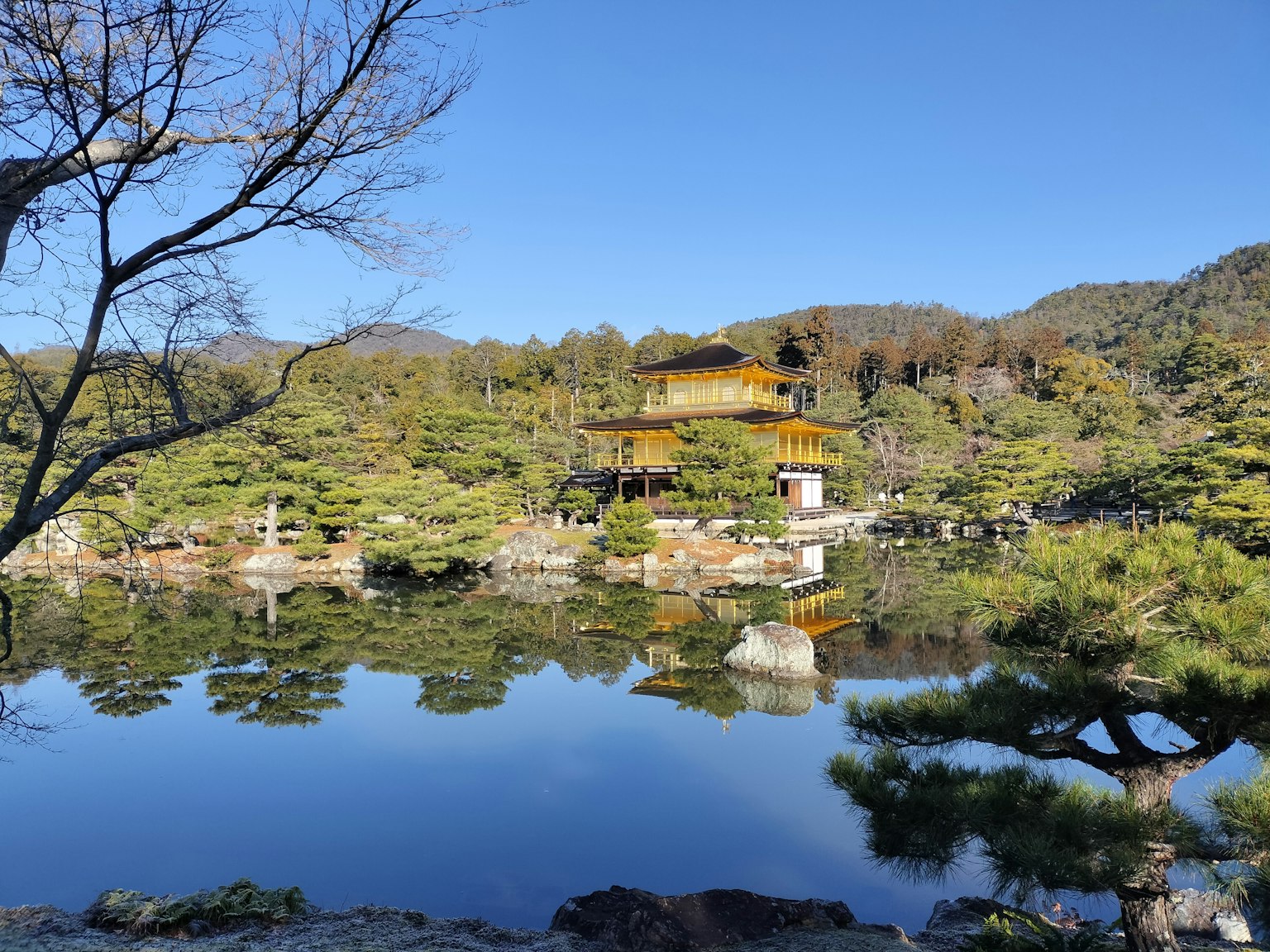 Kinkaku-ji che si riflette in un lago sereno circondato da verde lussureggiante