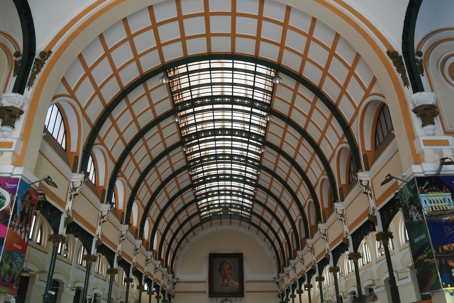 Interior of a historic building with striking arched roof