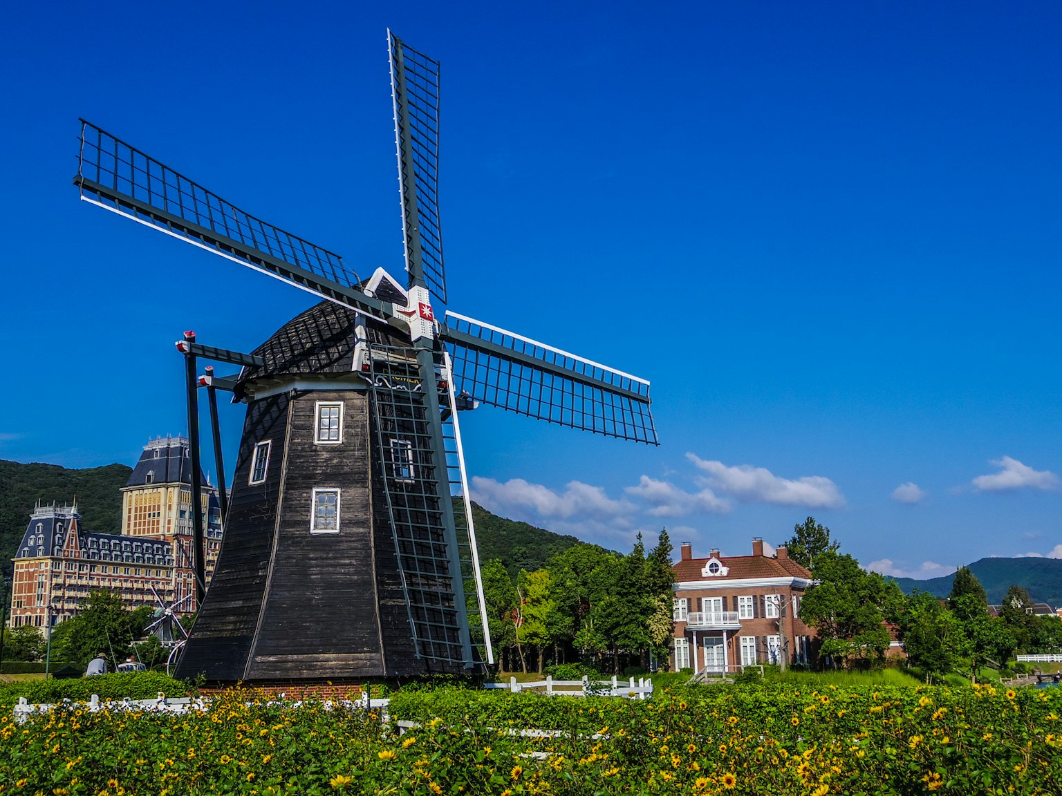 Paysage avec un moulin à vent noir et une maison charmante sous un ciel bleu