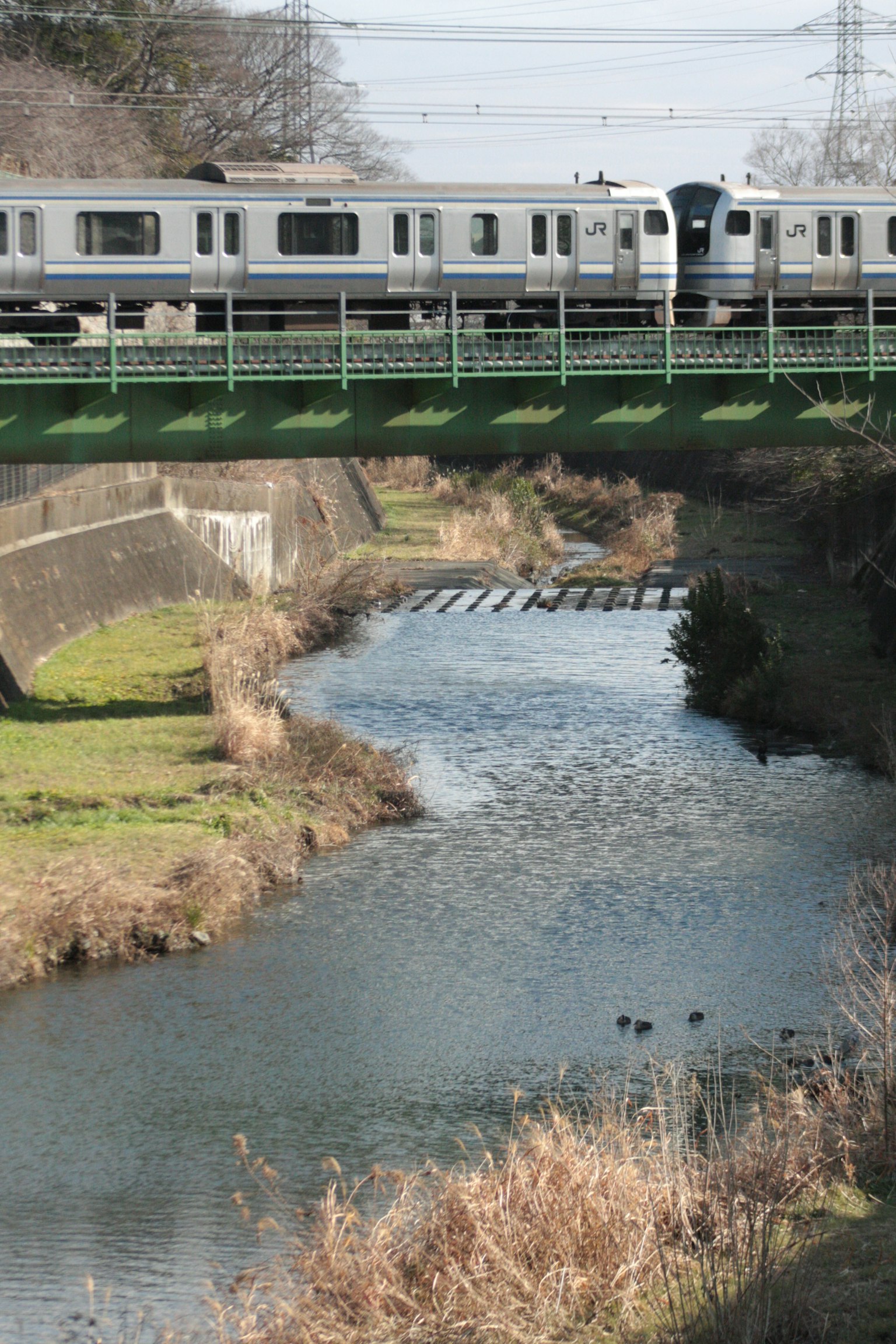 Train passant au-dessus d'une rivière avec un paysage naturel