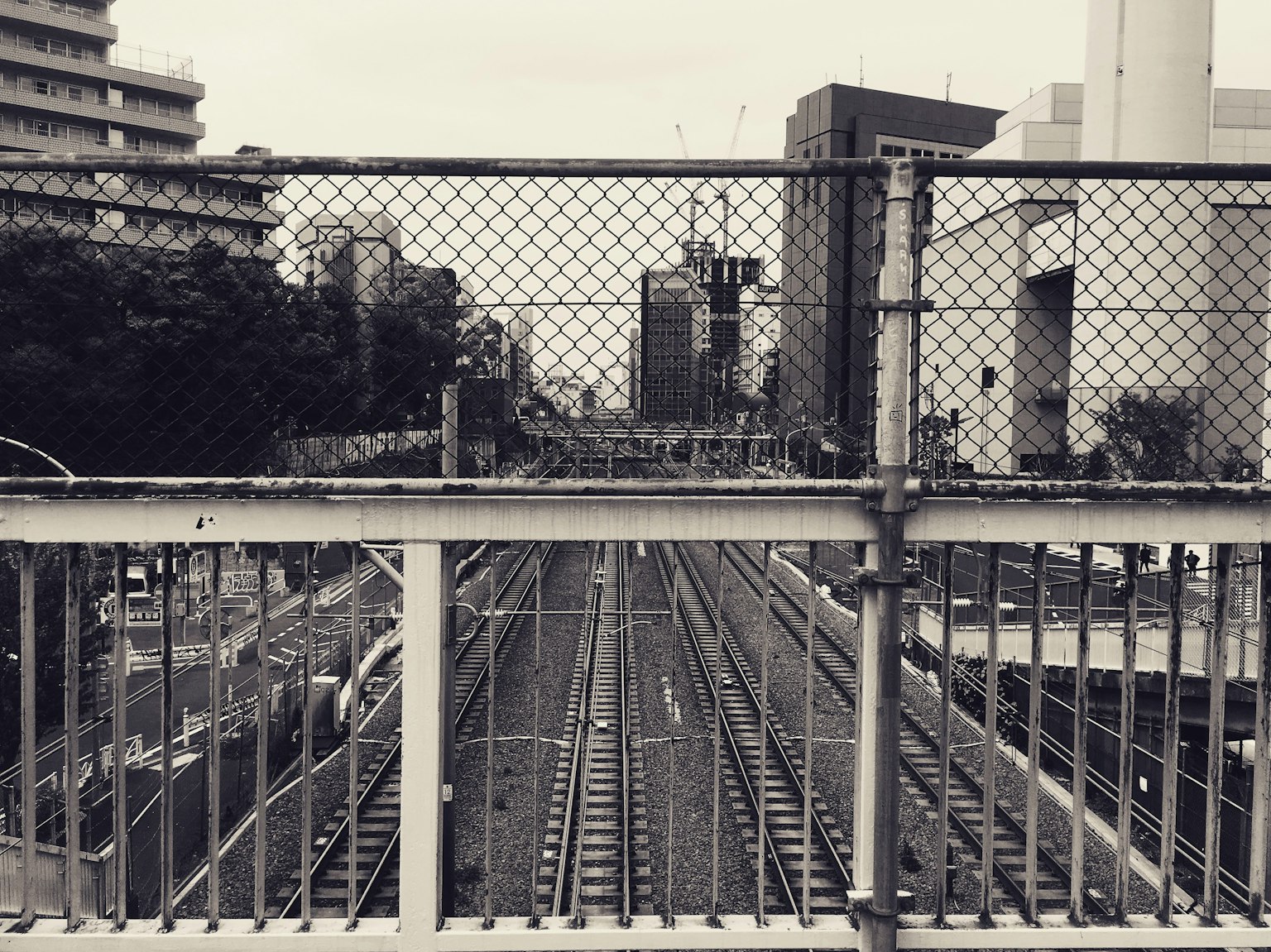 Schwarz-Weiß-Foto von Eisenbahnschienen mit Stadtlandschaft