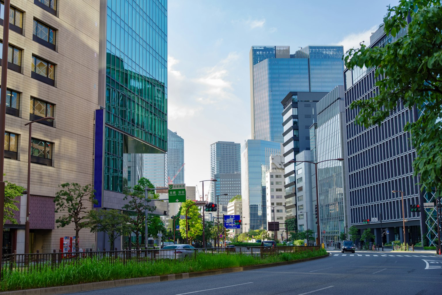 Urban scene with skyscrapers and greenery along the street