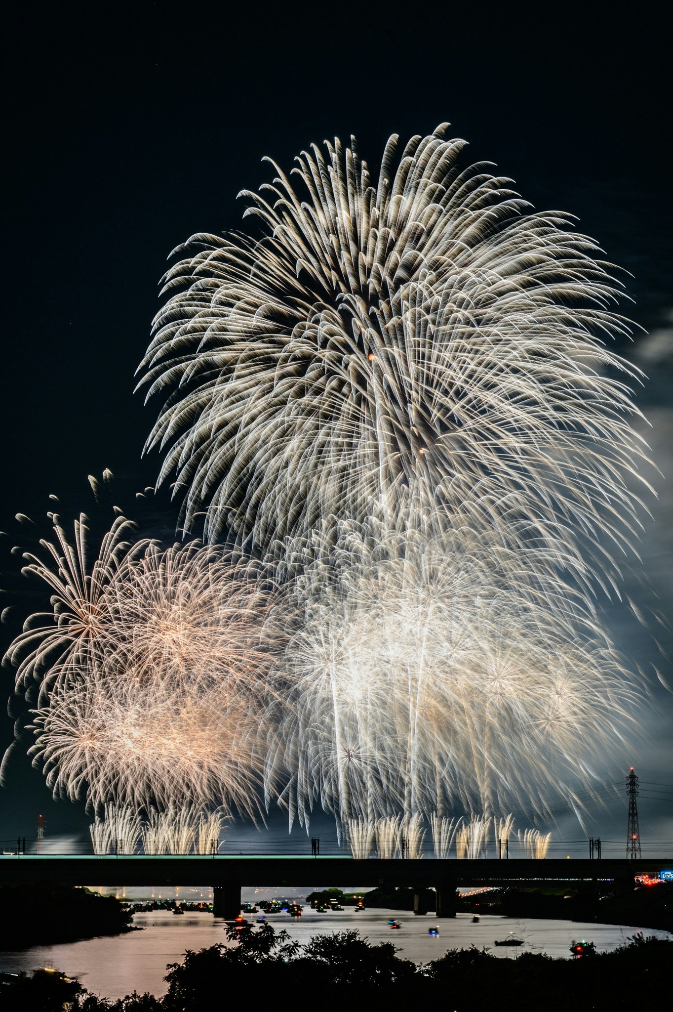 夜空に広がる花火の打ち上げと水辺の反射
