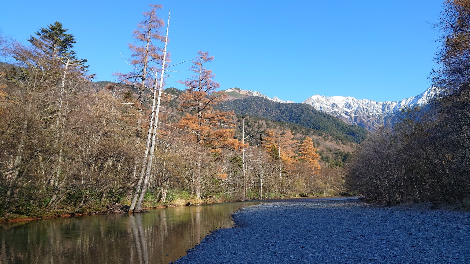 Tranquil river landscape with snow-capped mountains and clear blue sky