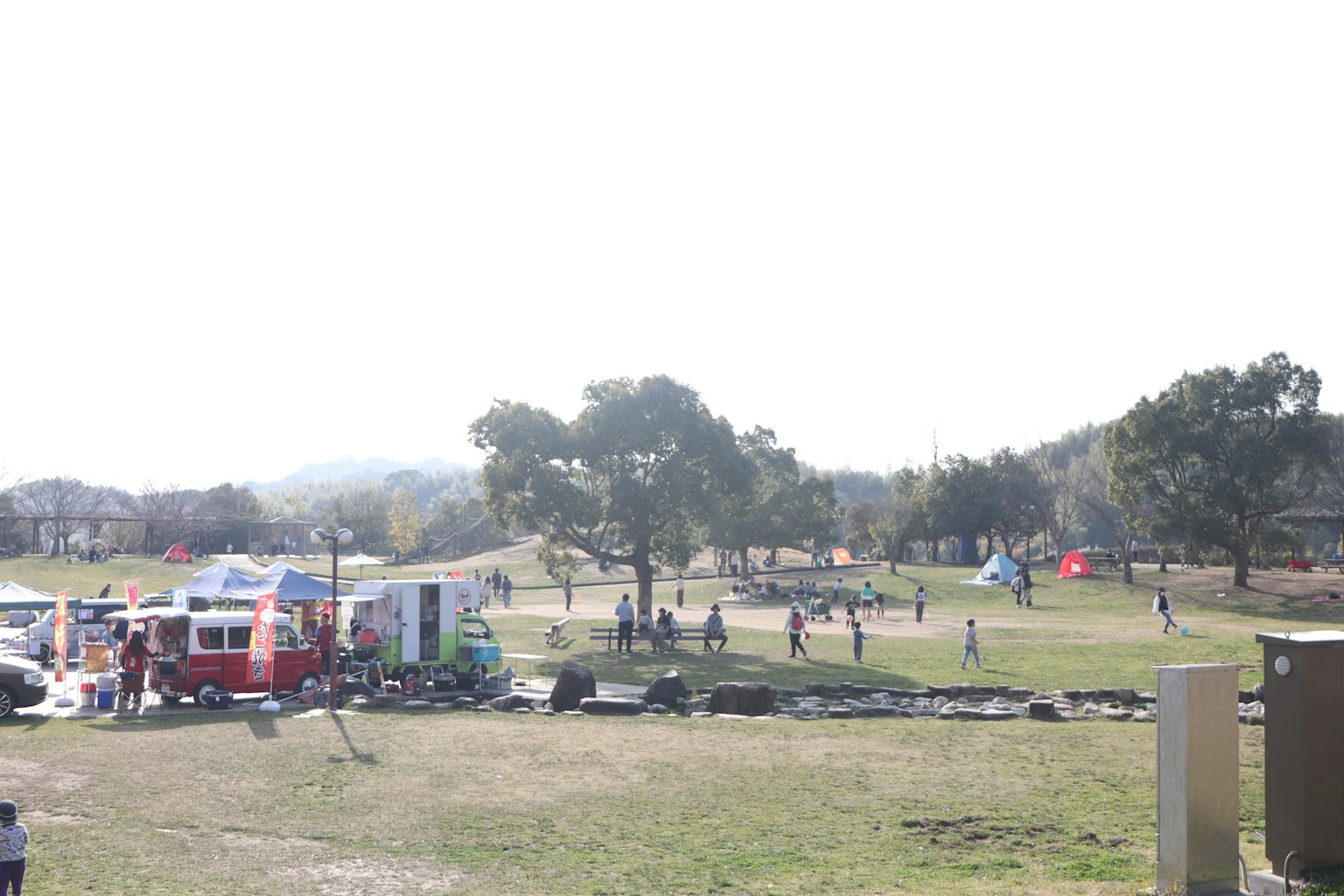 陽光明媚的公園場景人們聚集在一起食品車和孩子們玩耍