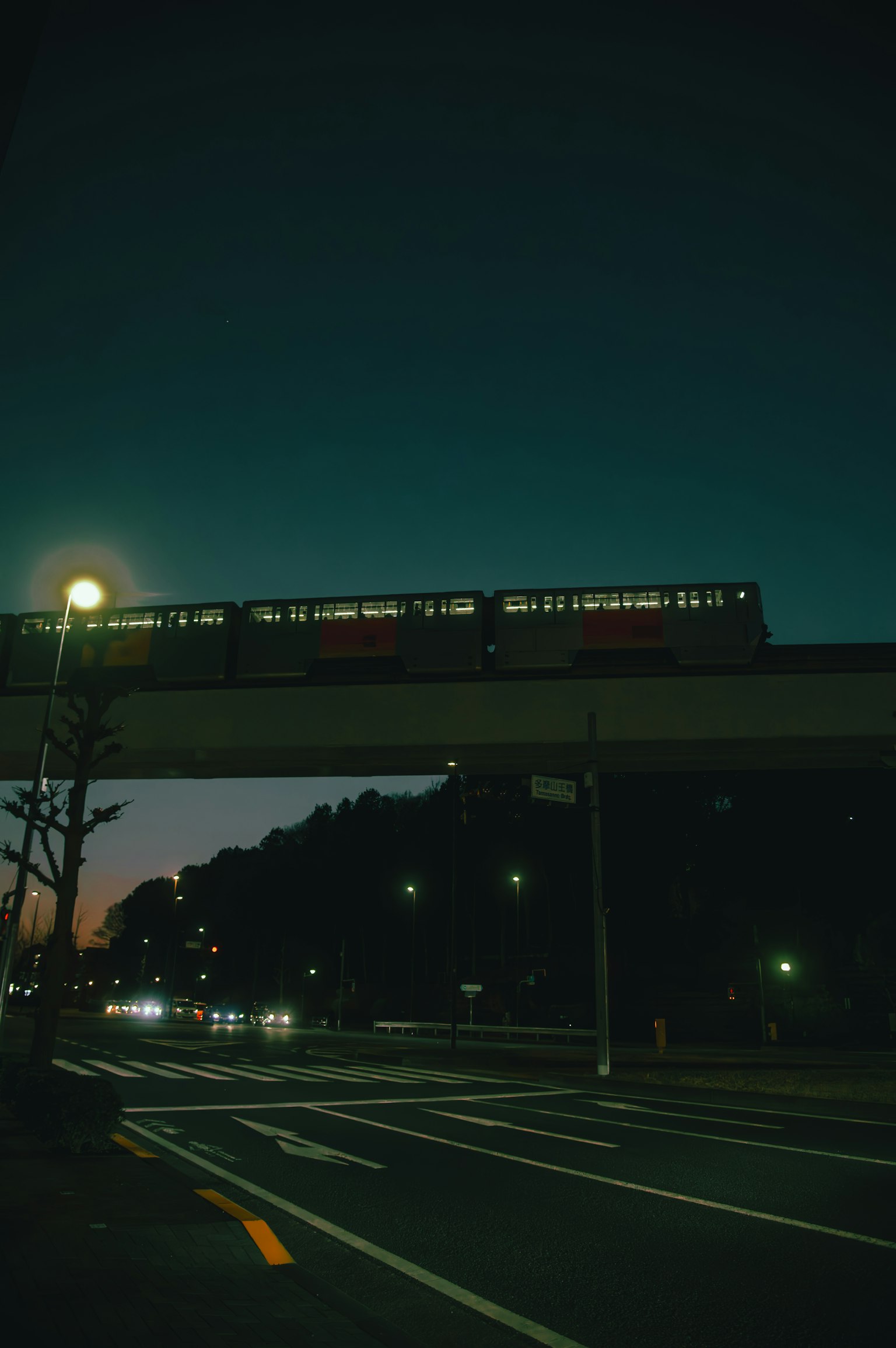 在夜空下行驶的高架列车和照亮的街灯