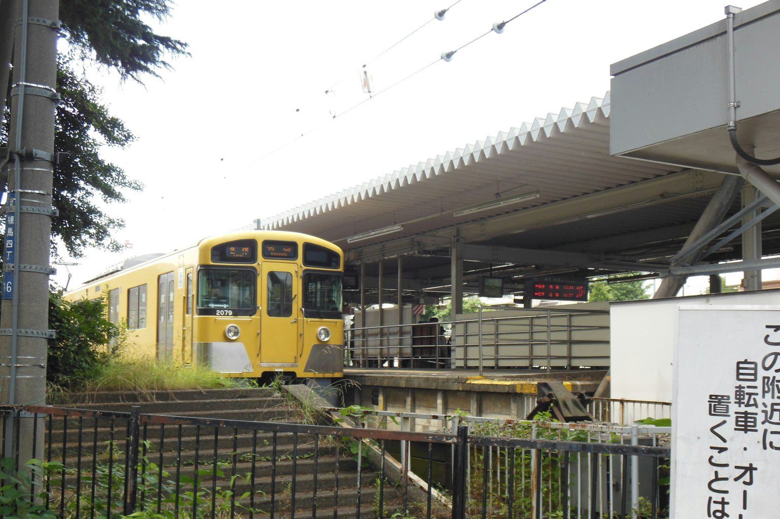 รถไฟสีเหลืองที่สถานีท่ามกลางธรรมชาติ