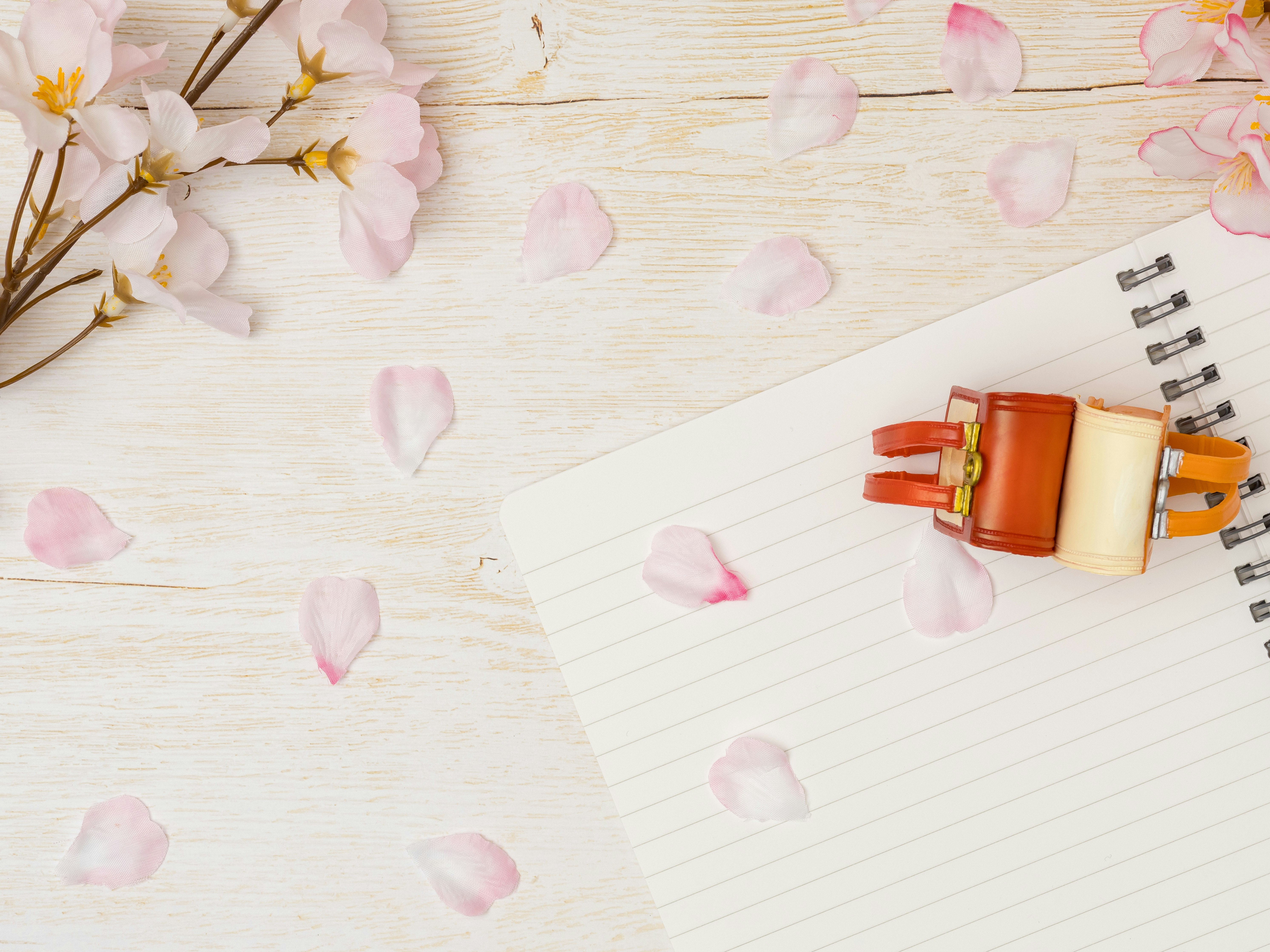桜の花びらとノートに並ぶマグカップとペン