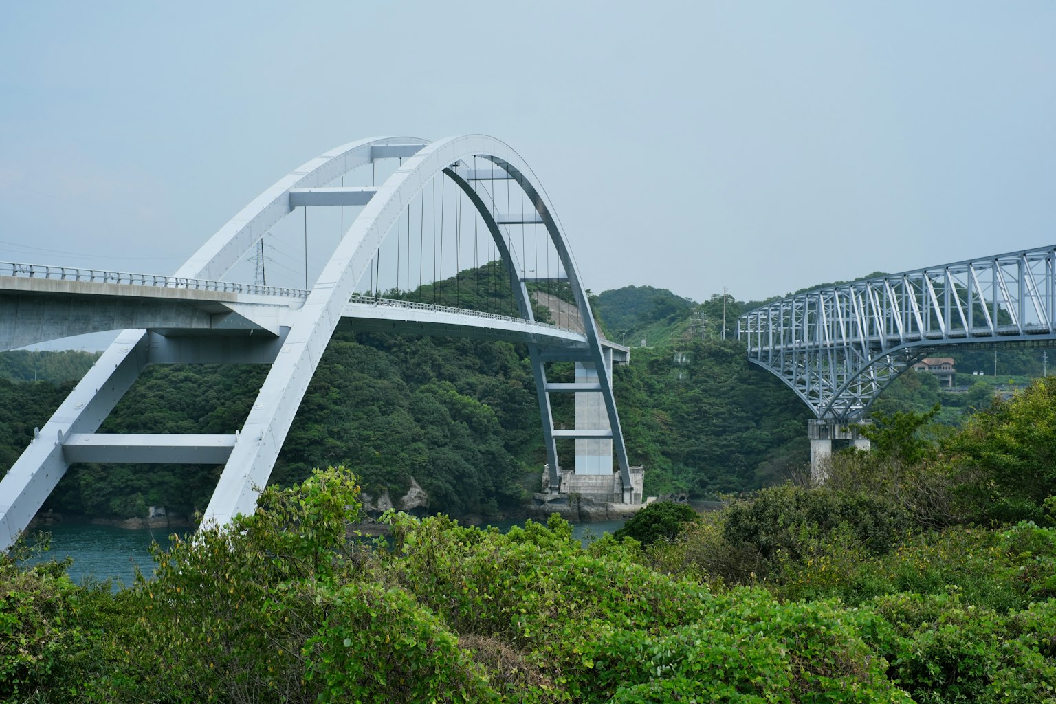 Vista panoramica di un ponte ad arco bianco accanto a un ponte in metallo circondato da una vegetazione lussureggiante