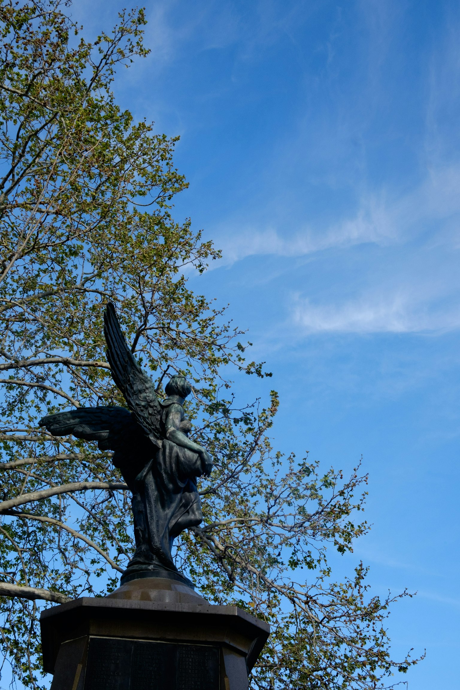 Statua di angelo sotto un cielo blu con alberi verdi