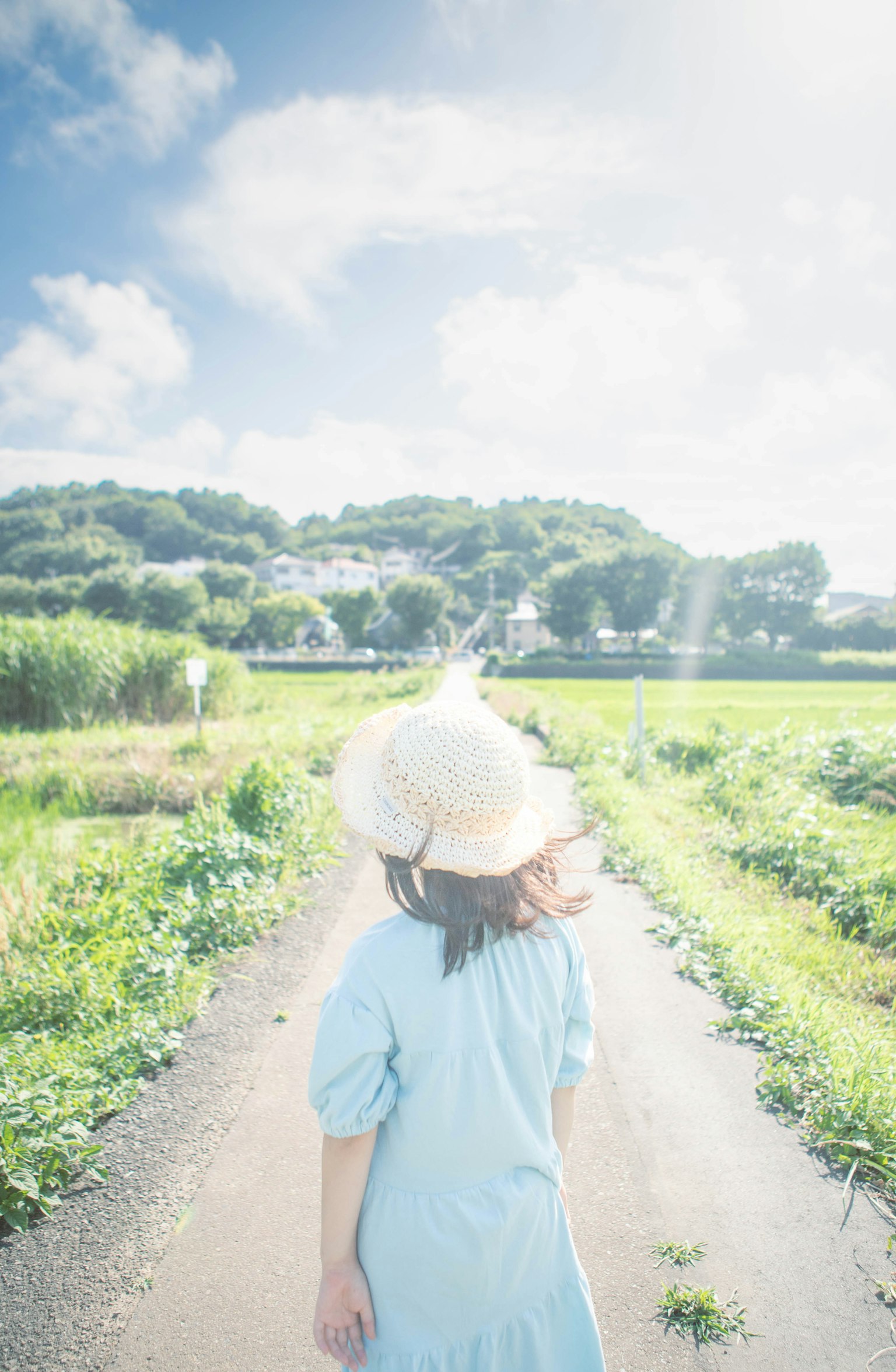 穿着蓝色裙子的女人走在被绿色植物包围的乡村小路上
